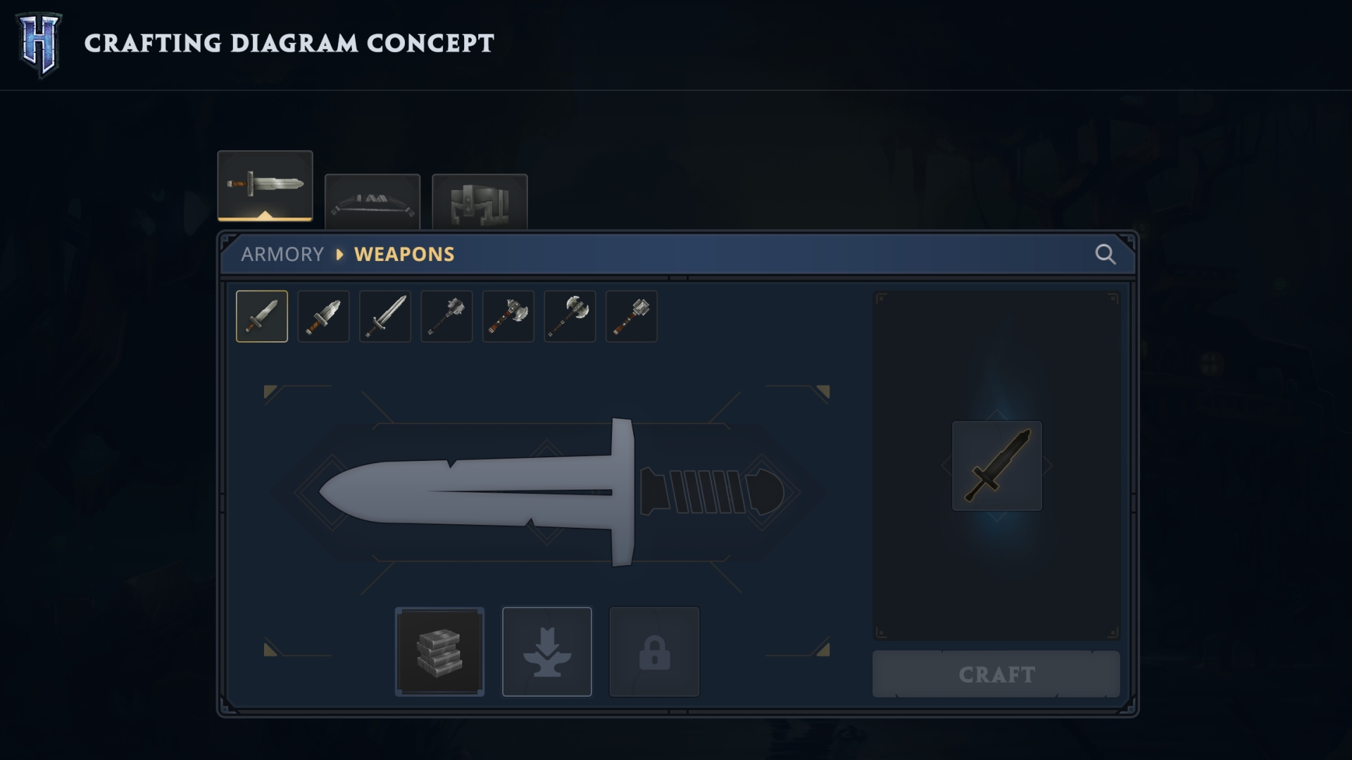 Концепт диаграммы крафта Hytale с модульной системой сборки оружия в категории Оружейная, со слотами для лезвия, рукояти и навершия для создания уникальных мечей