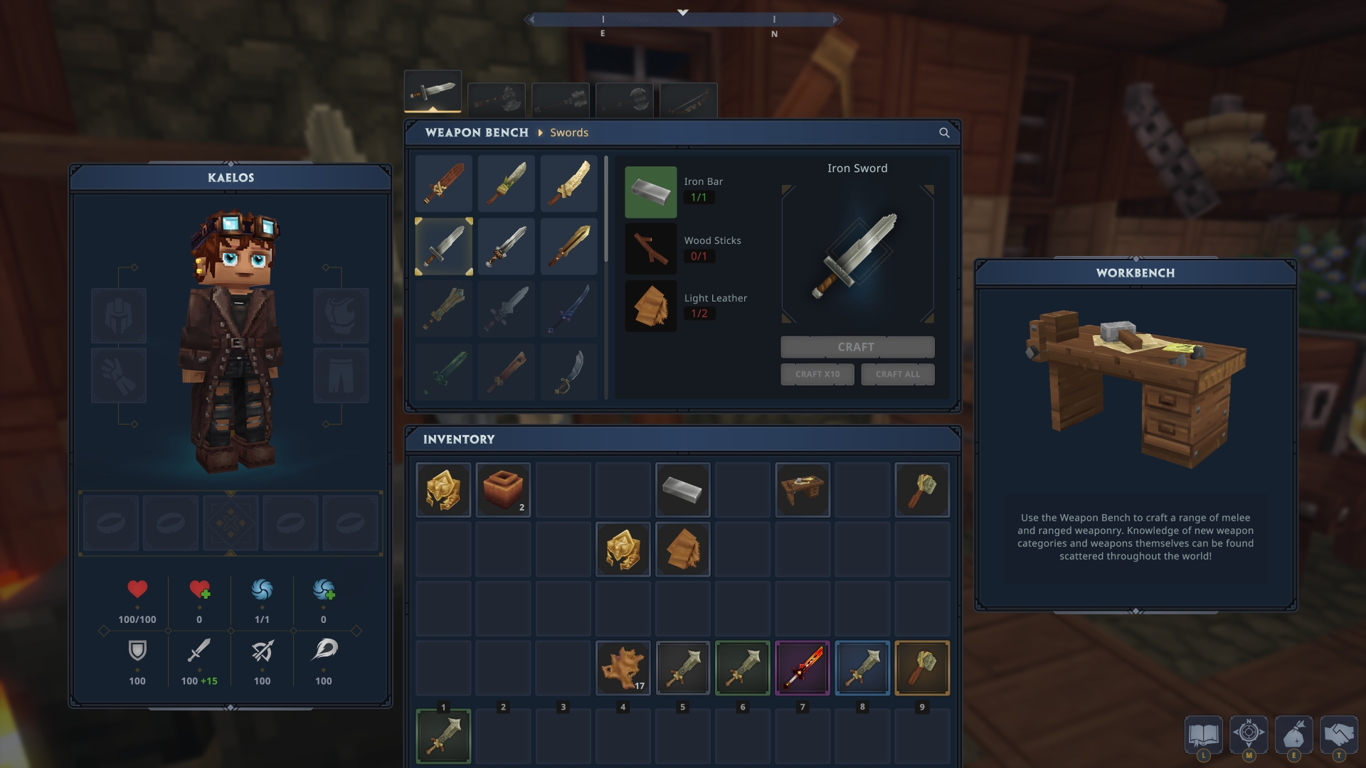Интерфейс инвентаря и крафта Hytale с верстаком оружия, категорией мечей, характеристиками персонажа и панелью крафта