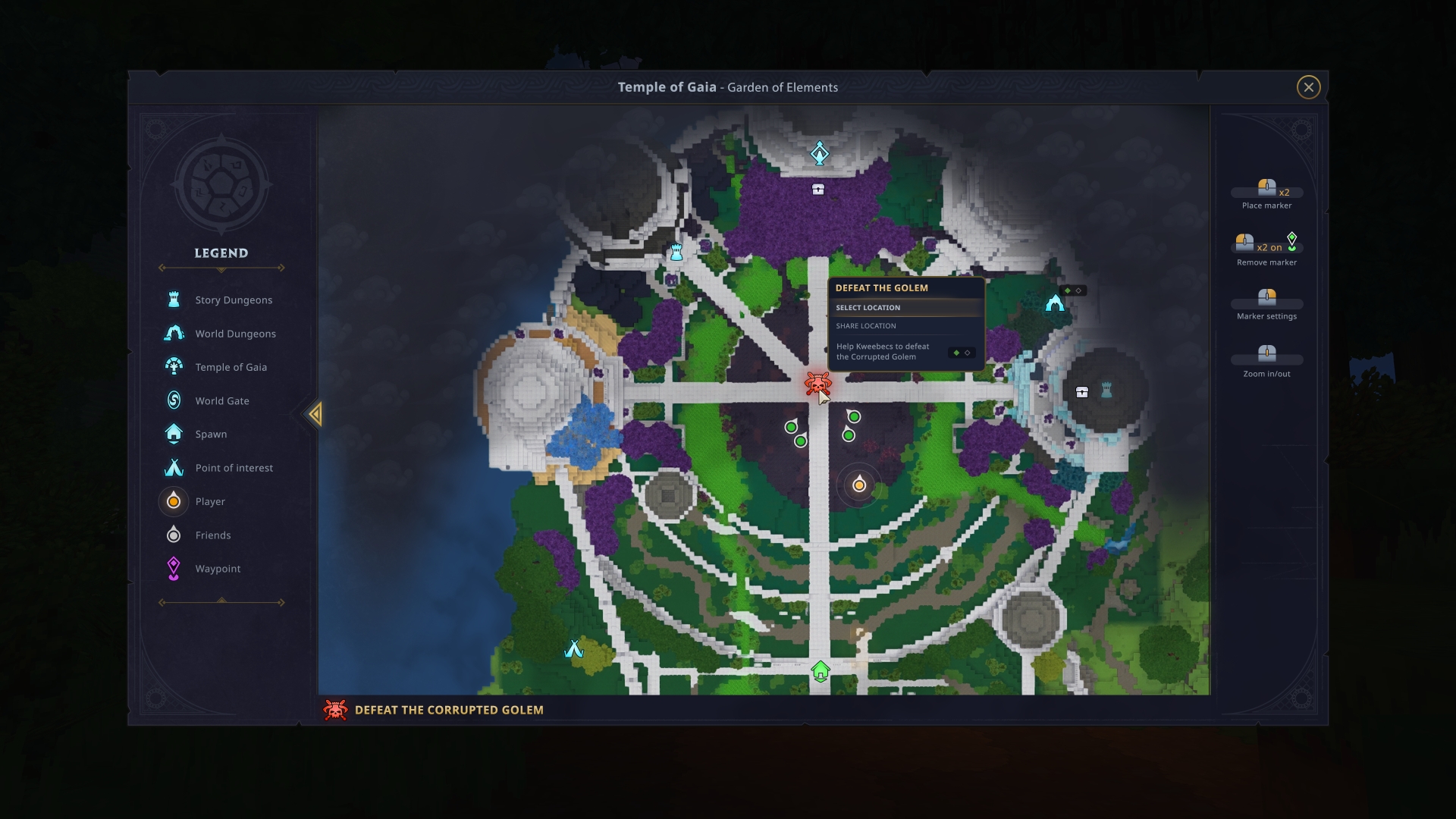 Интерфейс карты мира Hytale с локацией Храм Гайи и квестовым маркером «Победить испорчённого голема», легенда с иконками сюжетных подземелий, мировых подземелий, Храма Гайи, Мировых врат, точки возрождения, точек интереса, игрока, друзей и меток