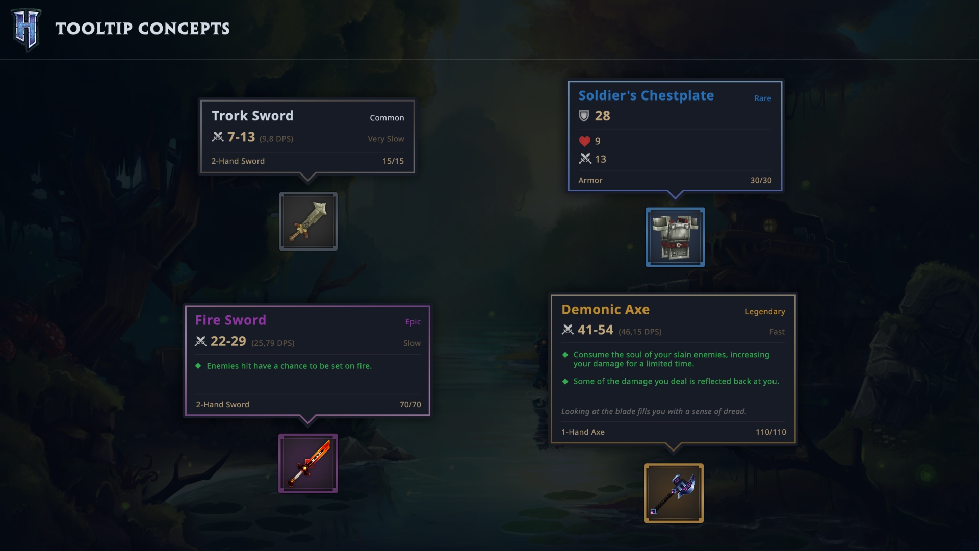 Концепты подсказок Hytale со статистикой предметов для оружия и брони: Меч Трорка (Обычный, 7–13 урона), Огненный меч (Эпический, 22–29 урона с эффектом огня), Нагрудник солдата (Редкий, 28 брони) и Демоническая секира (Легендарный, 41–54 урона с поглощением душ)
