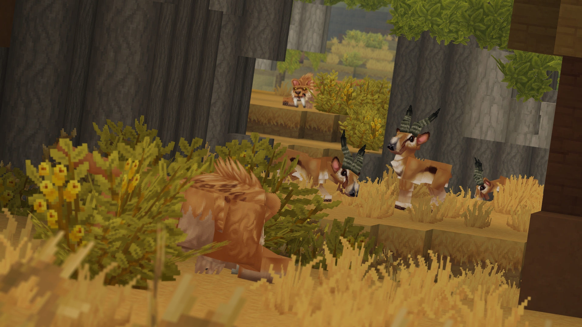 Саблезубый тигр крадётся в высокой траве, охотясь на стадо оленей с полосатыми рогами, демонстрируя поведение хищник-жертва