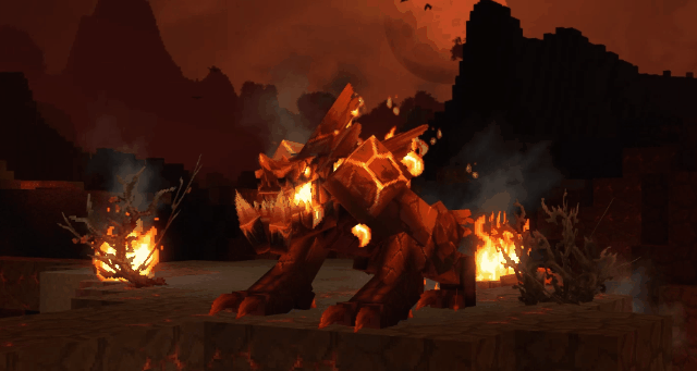 Анимированный Эмбервульф (Emberwulf) — огромный огненный волк из расплавленной породы и пламени, бродящий по вулканическому ландшафту Зоны 2