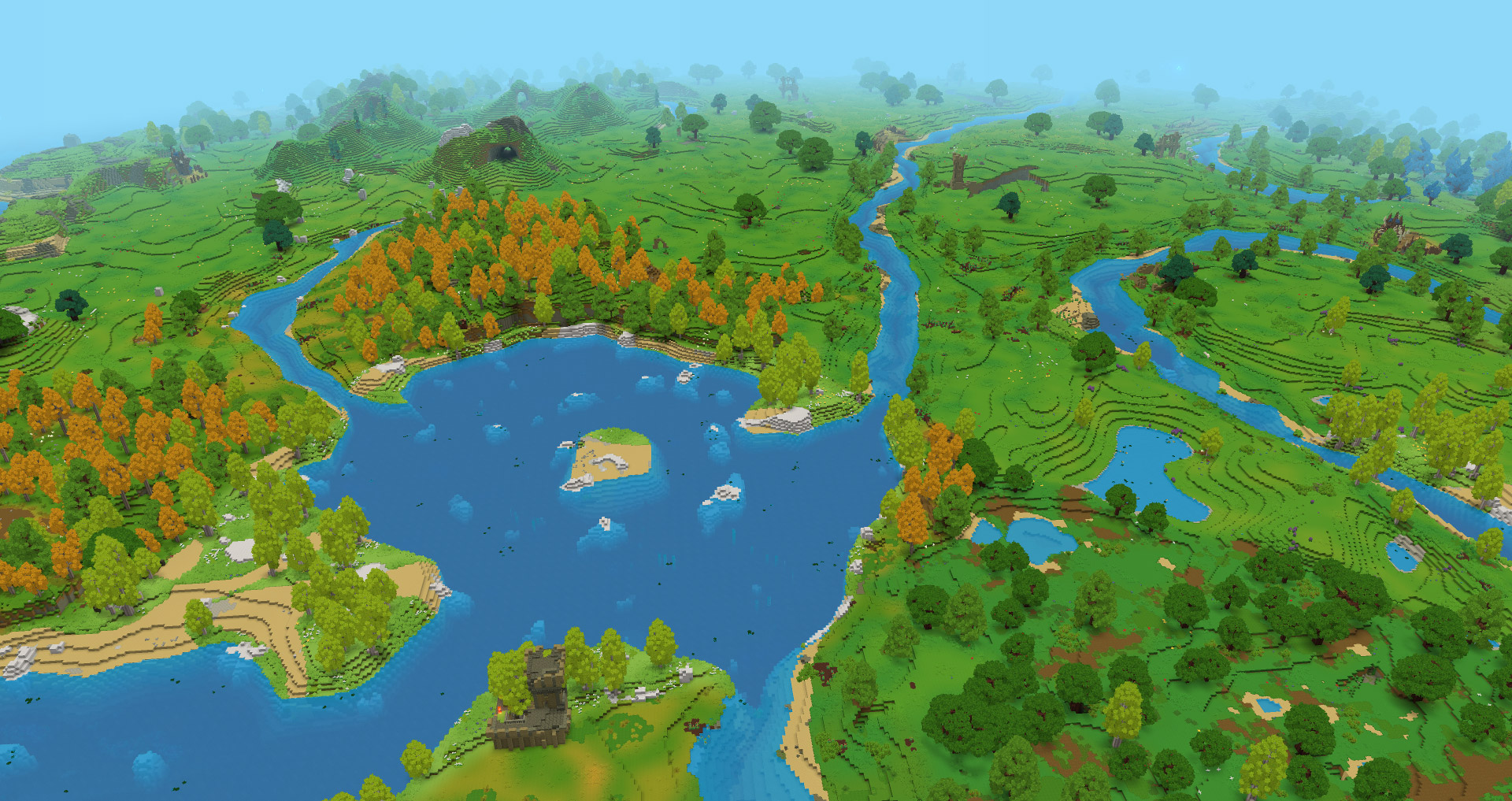 Вид сверху на процедурно сгенерированную Зону 1 (Zone 1) с большим центральным озером, извилистыми реками, лесами, холмами, оврагами и разбросанными точками интереса