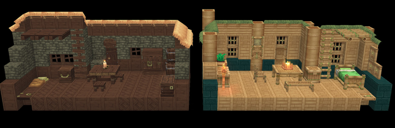 Сравнение каменного коттеджа Зоны 1 (Zone 1) с соломенной крышей и дома из песчаника Зоны 2 (Zone 2) с бамбуковыми деталями, иллюстрирующее разные строительные палитры