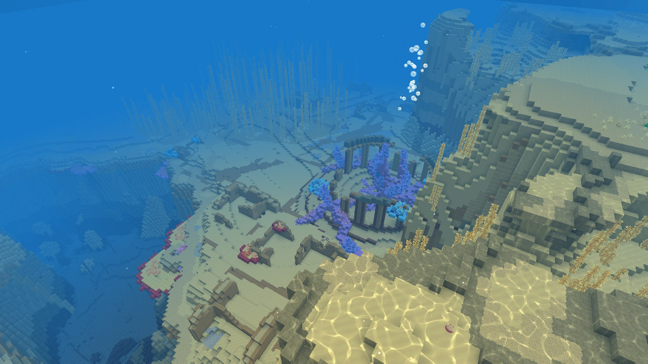 Подводная сцена с древними каменными руинами, разноцветными розовыми и голубыми кораллами, высокими лесами водорослей и рябью солнечного света на песчаном дне