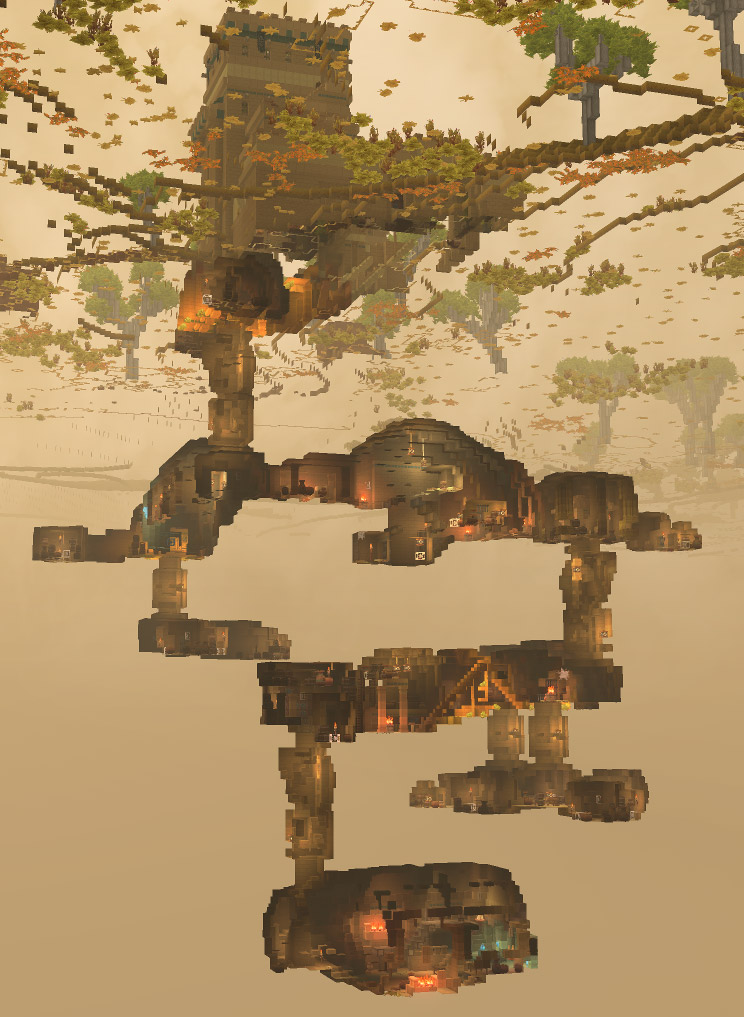 Вертикальный разрез обширной планировки подземелья, показывающий входную башню на поверхности, соединённую с множеством подземных комнат и коридоров