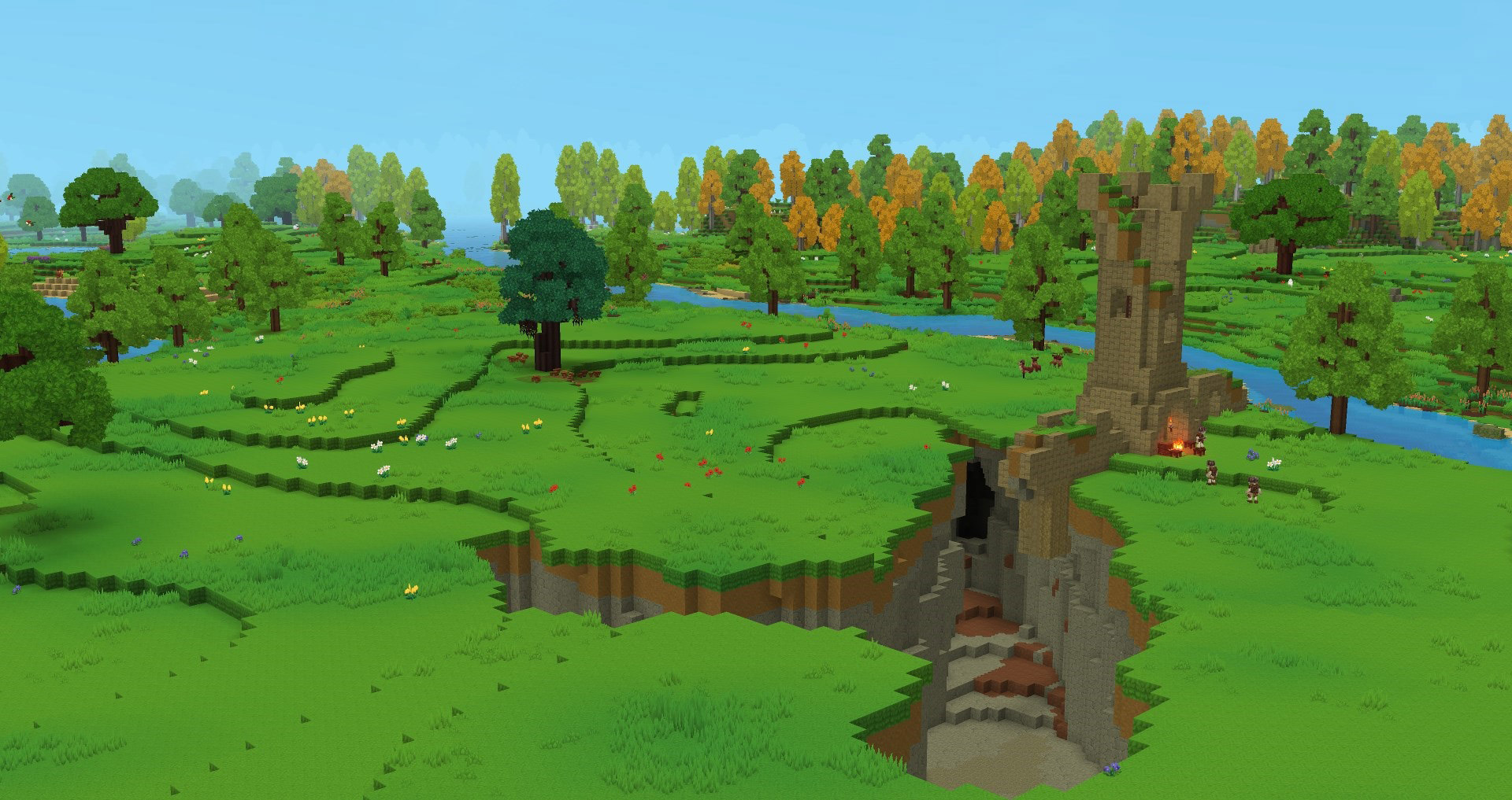 Пейзаж Изумрудной рощи (Emerald Grove), где отвесный овраг со входом в пещеру пересекает травянистые равнины рядом с разрушенной каменной башней и костром