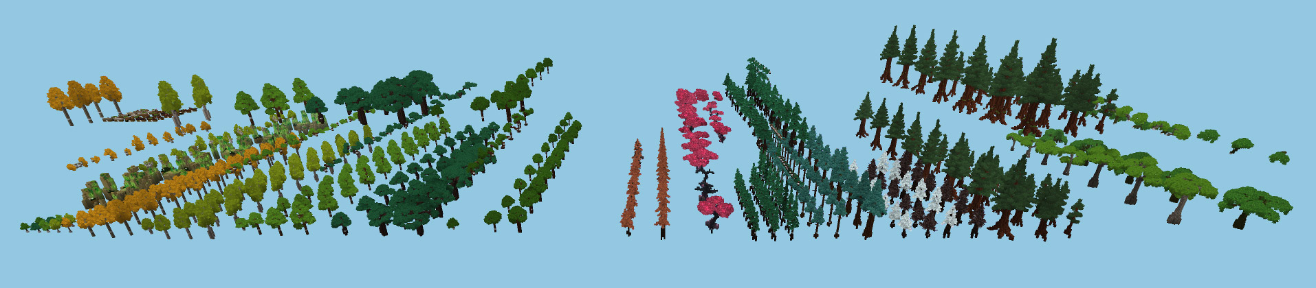 Набор древесных префабов (prefabs), организованных по биомам, показывающий различные формы и цвета листвы от осенних дубов до розовых цветущих и заснеженных сосен