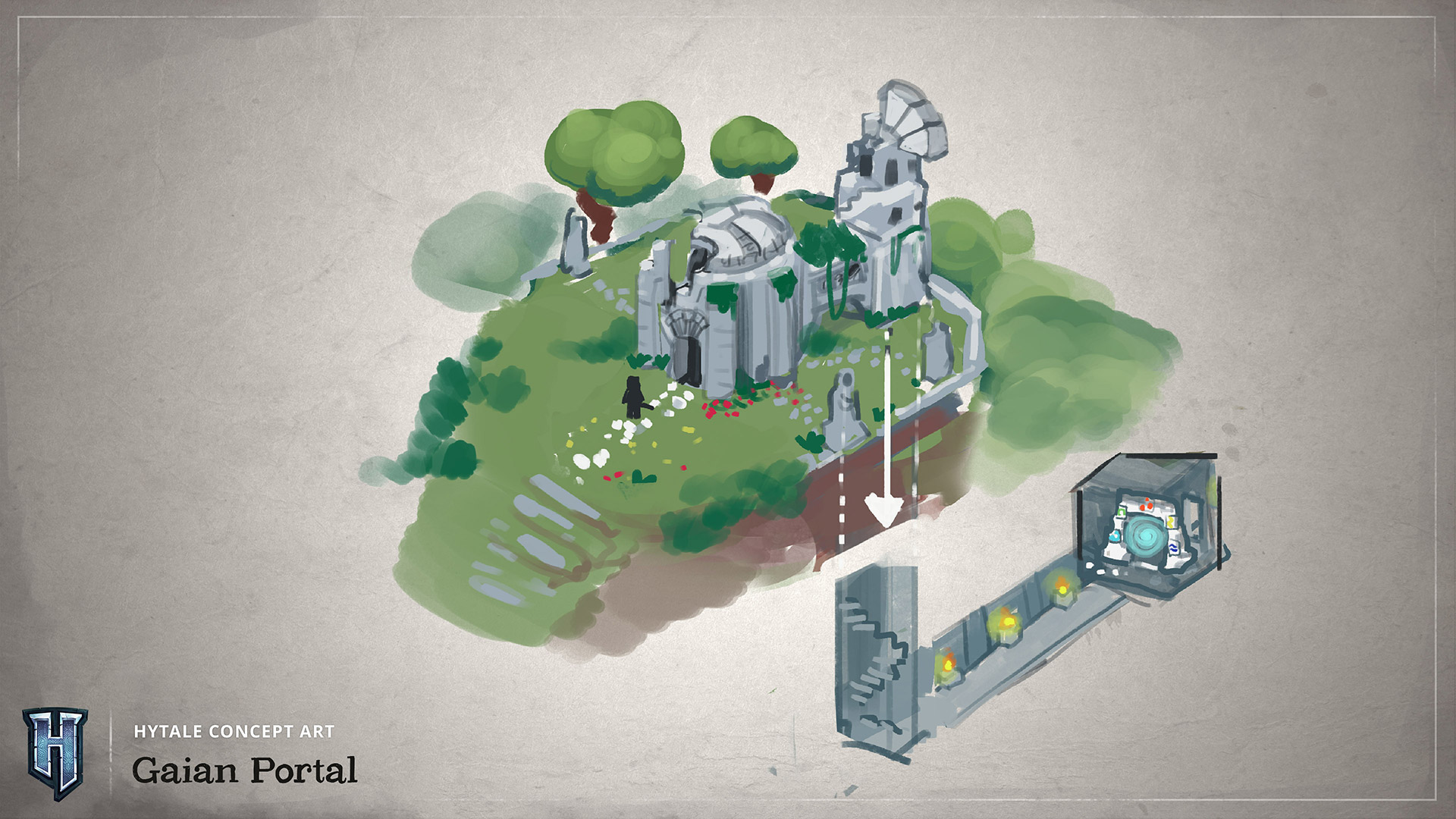 Концепт-арт сборного элемента Гайанского портала (Gaian Portal), показывающий разрушенную каменную структуру на травянистом холме со скрытой лестницей, ведущей вниз к светящейся портальной камере