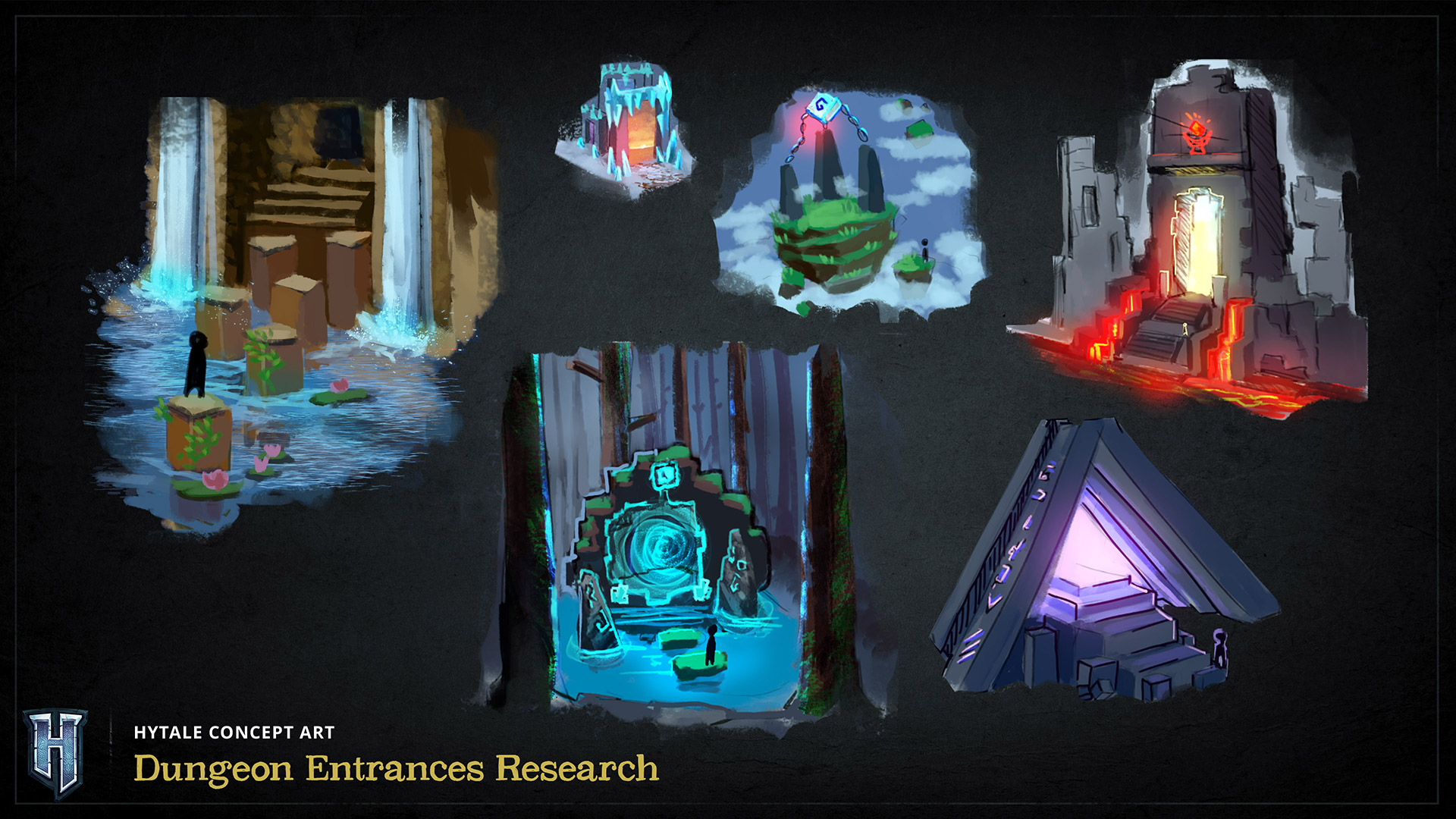 Лист концепт-артов, исследующий различные входы в портальные подземелья (portal dungeons), включая водопады, ледяные пещеры, парящие острова, лавовые храмы и неоновые пирамиды