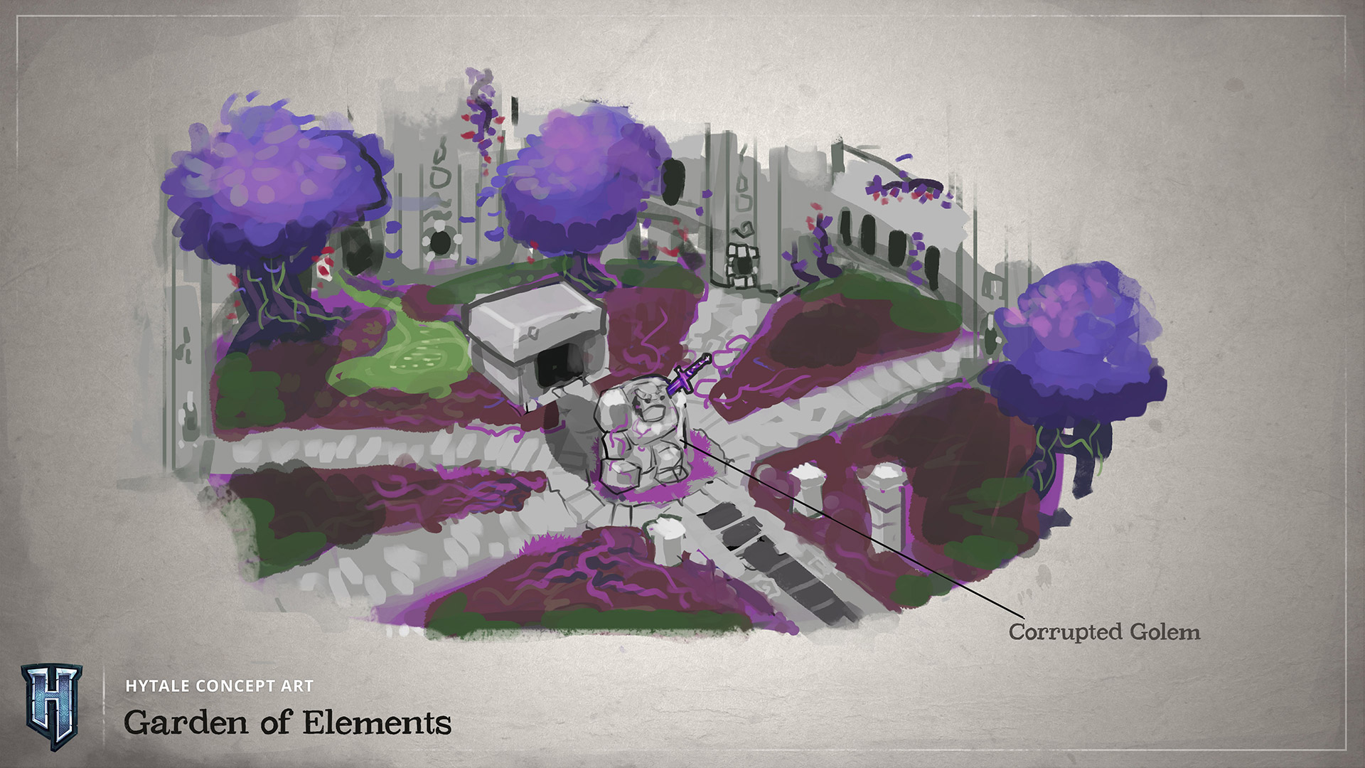 Концепт-арт вида сверху на арену Сад Стихий (Garden of Elements) с фиолетовыми деревьями, дорожками и центральным боссом Осквернённый голем (Corrupted Golem), отмеченным во дворе