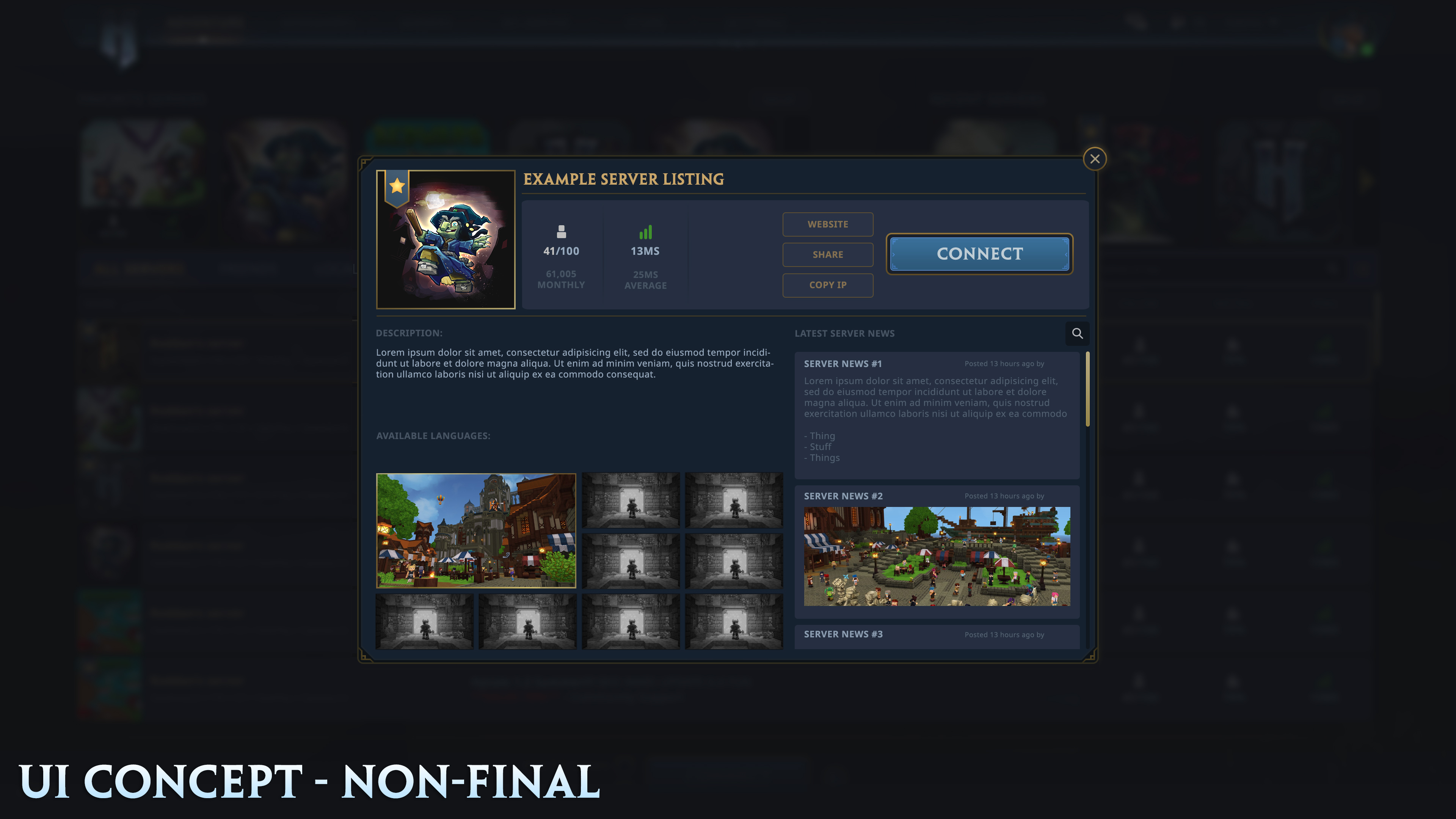 Концепт интерфейса браузера серверов Hytale с примером карточки сервера, включающей баннер, количество игроков, пинг, описание, языки и последние новости