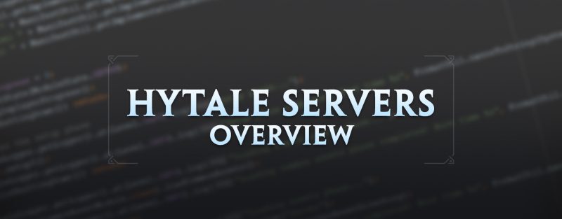 Заголовок статьи об обзоре серверов Hytale с текстом на размытом фоне исходного кода сервера
