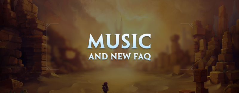 Обложка блога Hytale с надписью MUSIC AND NEW FAQ на фоне пустынных руин и одинокого путешественника на переднем плане