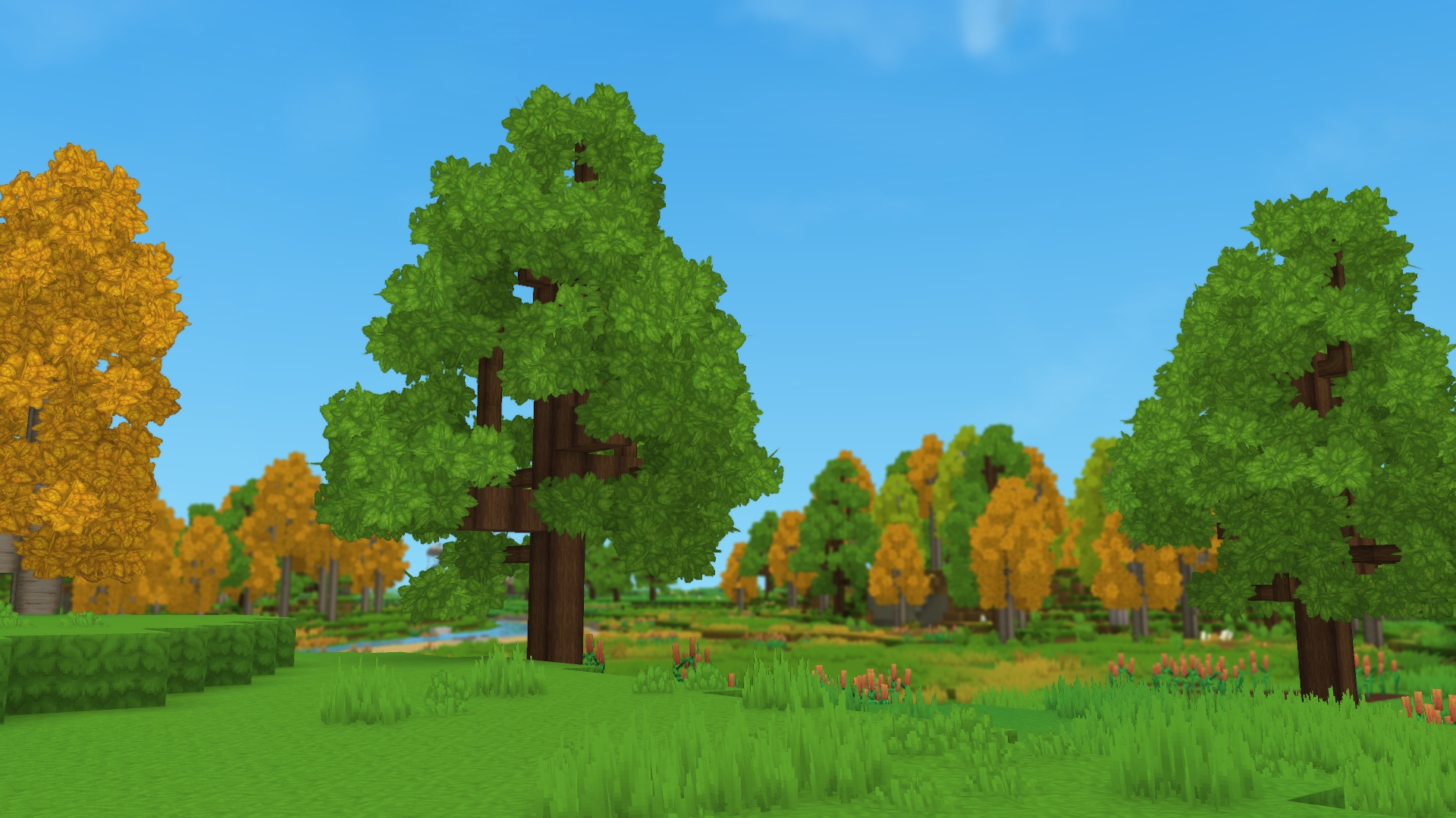 Дерево Hytale с детализированным стволом и лиственной кроной, демонстрирующее использование кастомных блоков листвы