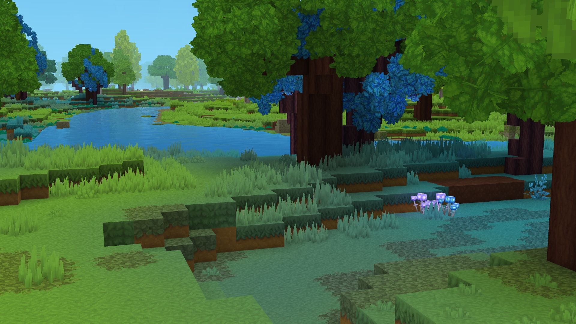 Лесная сцена, где трава и листва справа окрашены в холодные сине-зелёные тона для создания загадочного альтернативного биома