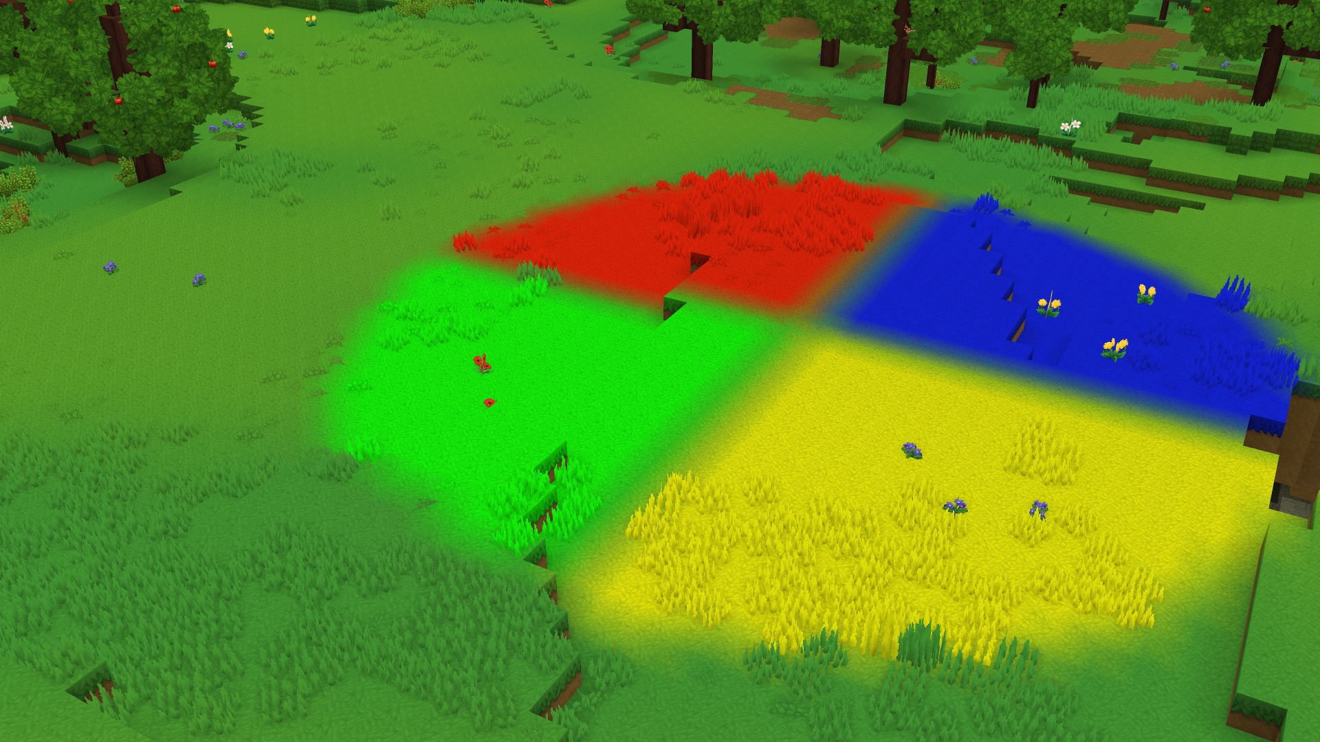 Экстремальный пример RGB-окрашивания: один и тот же блок травы отображается яркими полосами фиолетового, синего, зелёного и красного цветов на ландшафте