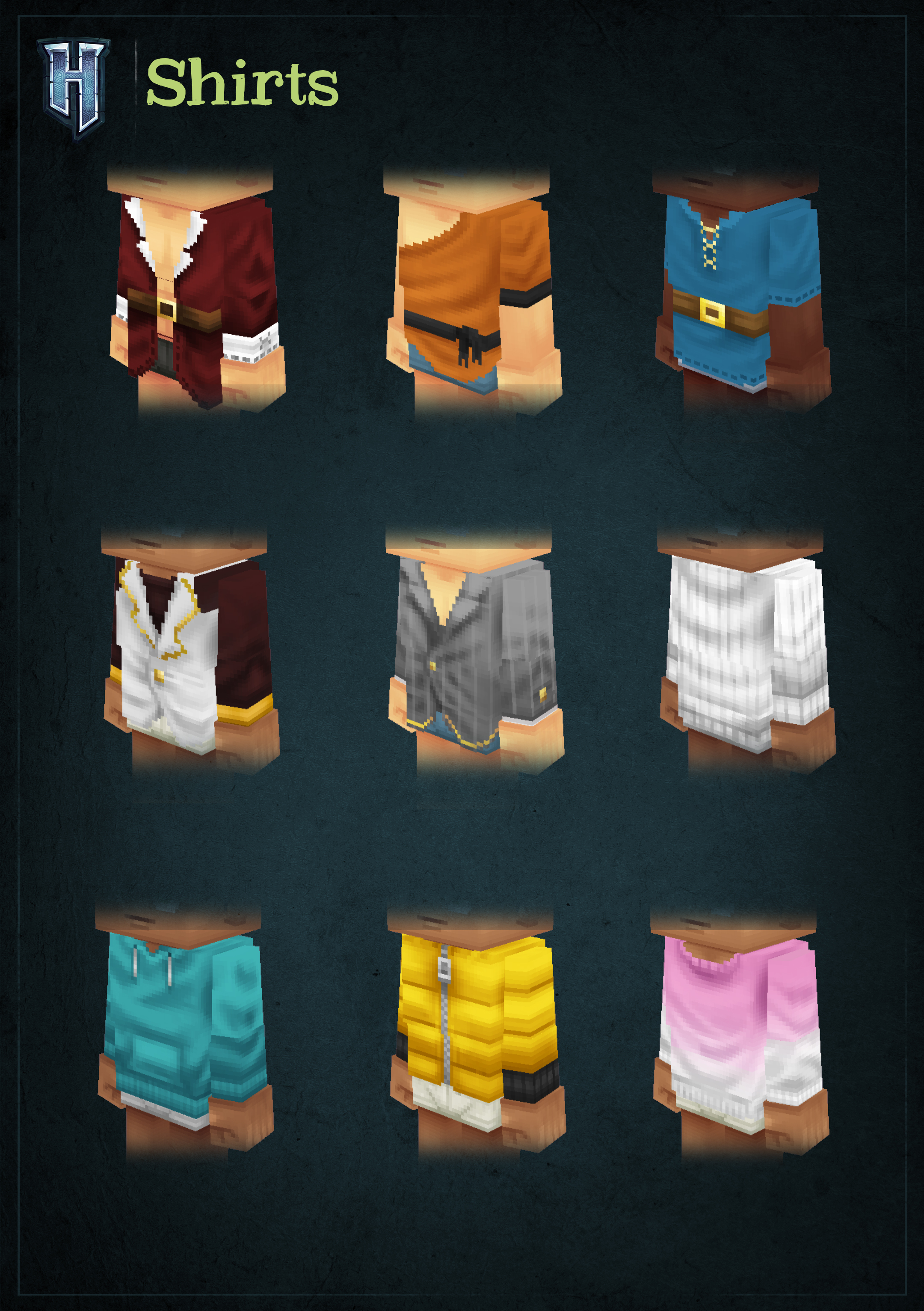 Девять вариантов одежды для торса в Hytale: фэнтезийные туники, приталенные куртки, худи и яркие свитера