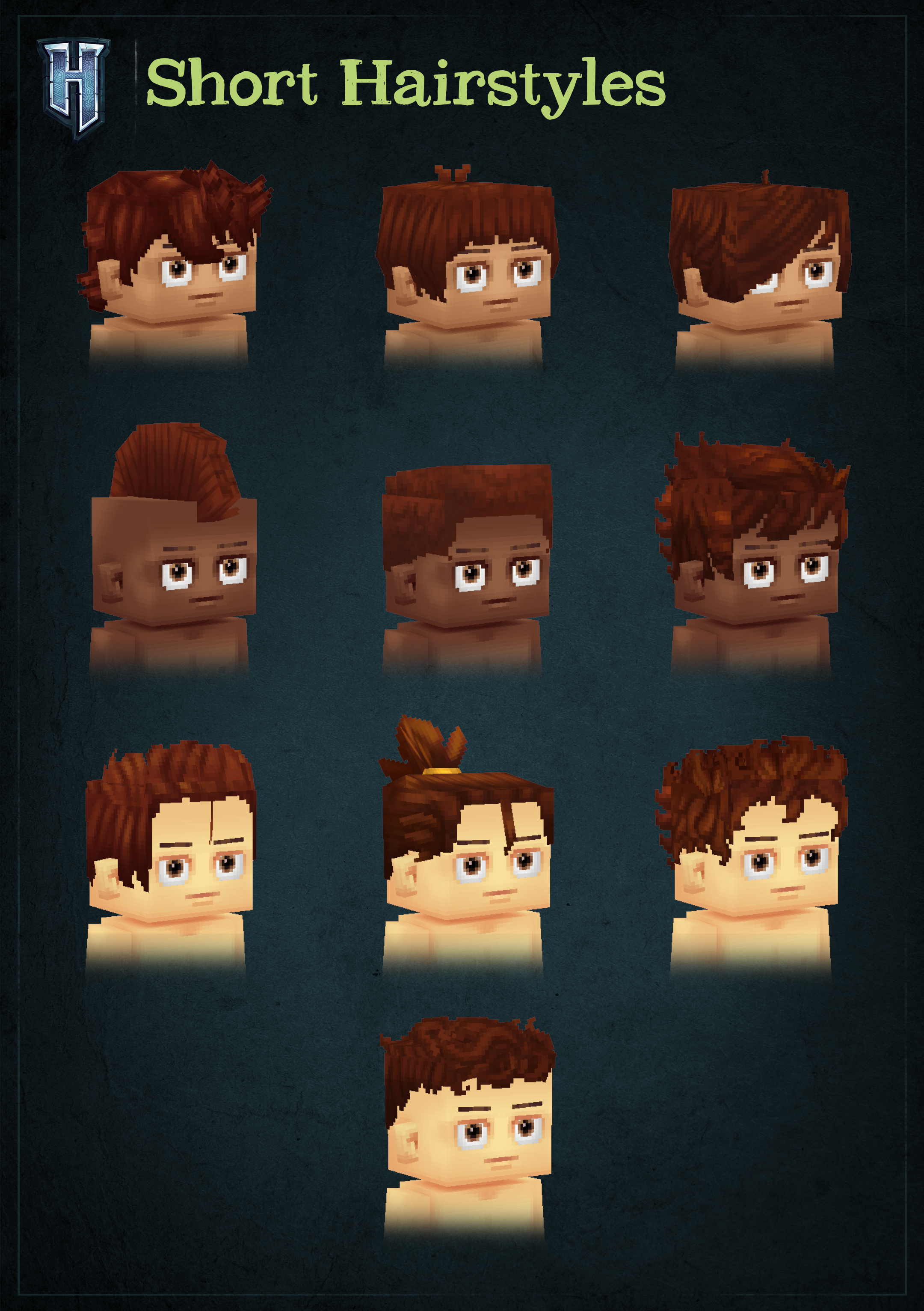 Сетка голов аватаров Hytale с разнообразными короткими причёсками: растрёпанные стрижки, ирокез, андеркат и пучок на макушке