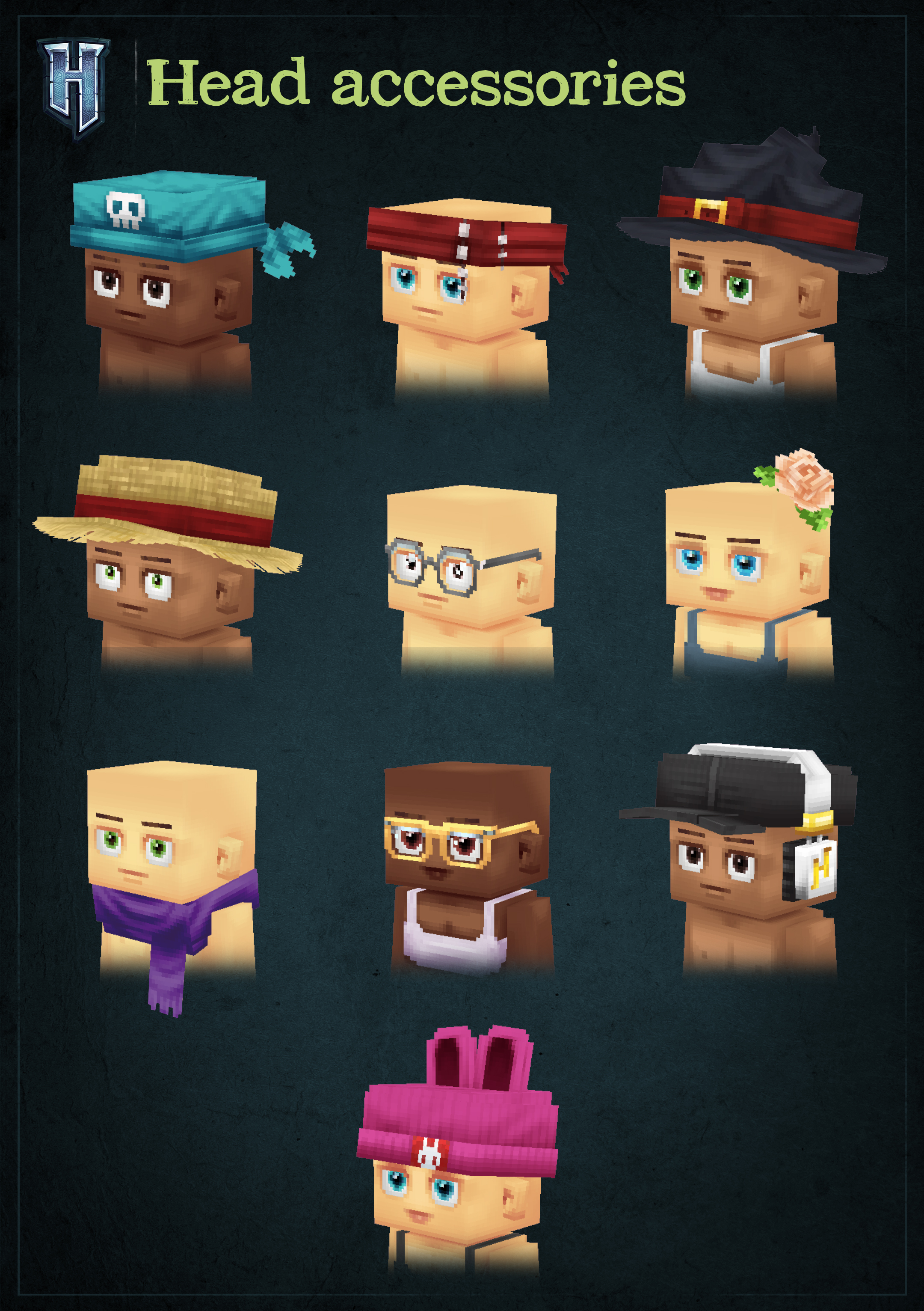 Головы аватаров Hytale с различными аксессуарами: бандана, шляпа ведьмы, соломенная шляпа, очки, шарф, наушники и шапка с ушками