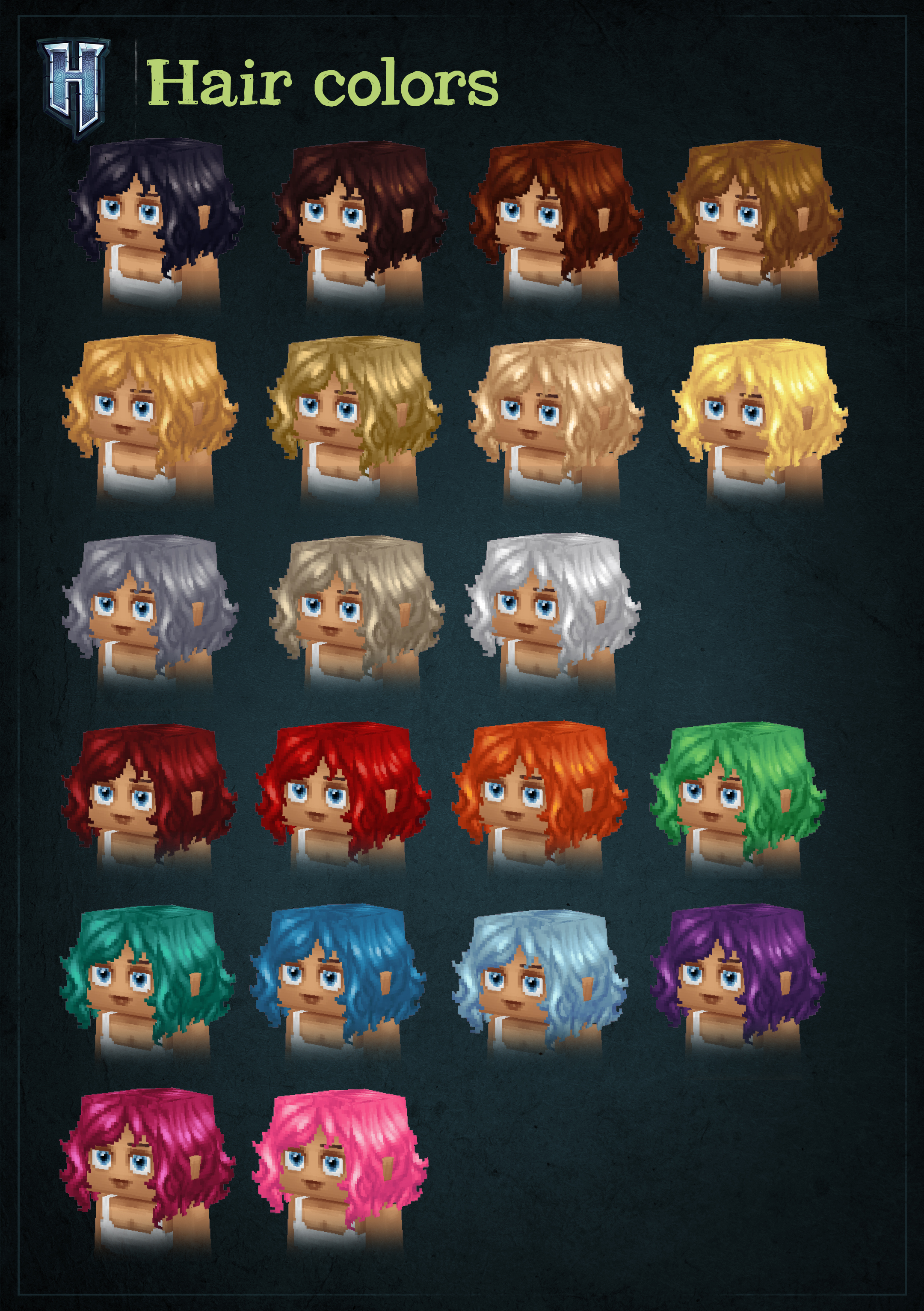 Одна причёска Hytale в нескольких рядах разных цветов — от натуральных каштановых и светлых до ярко-красного, зелёного, синего и розового