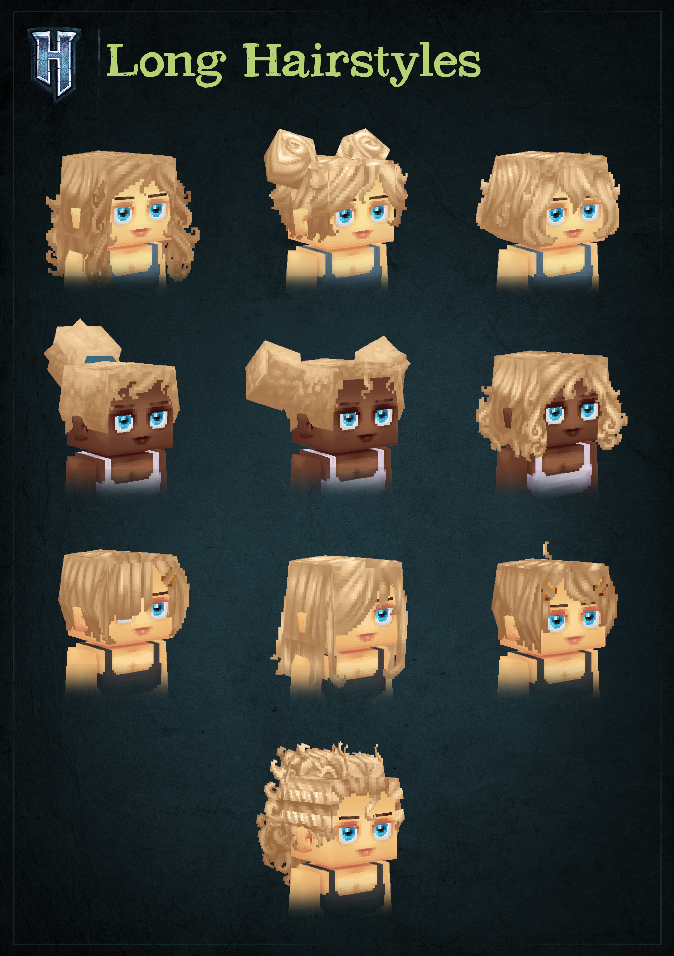 Сетка голов аватаров Hytale с длинными причёсками: двойные пучки, хвосты, боковая чёлка и кудрявые стили