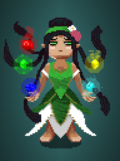 Анимированный пиксель-арт Гайи (Gaia) с развевающимися белыми волосами и плавной анимацией покоя