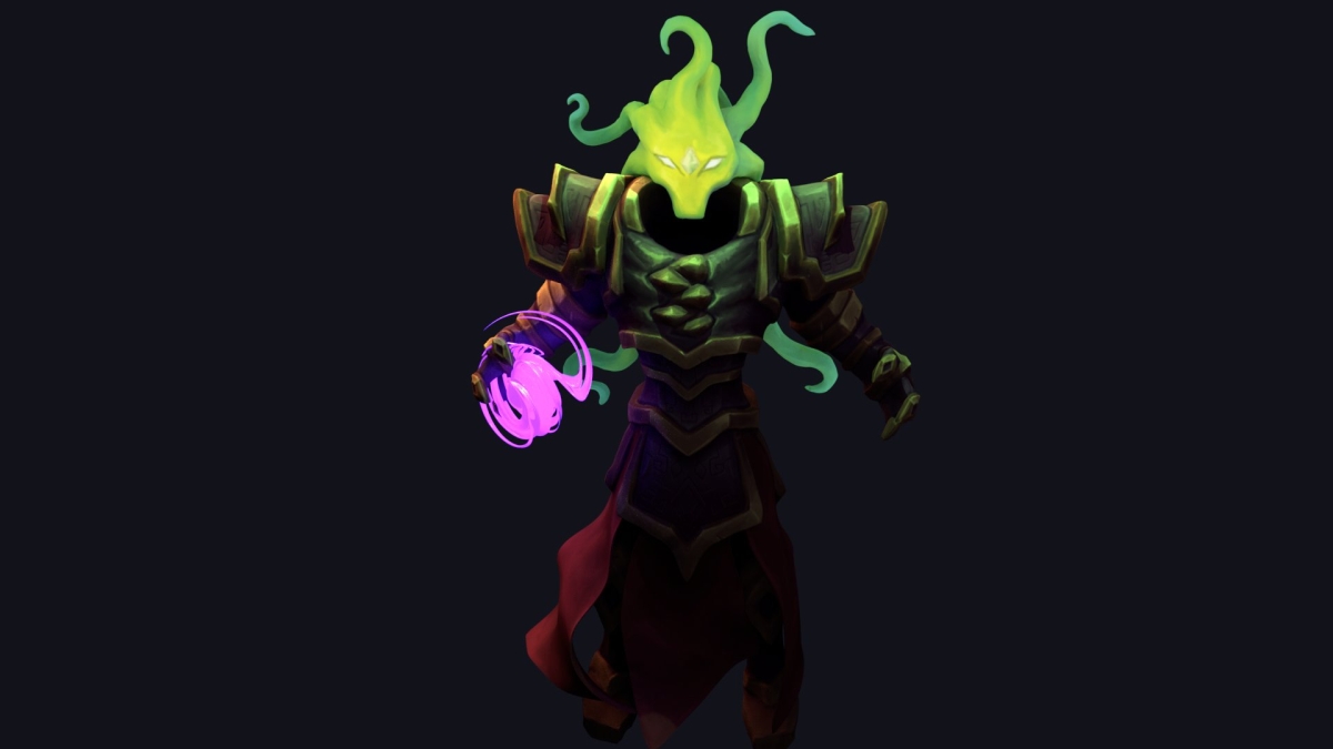 3D-рендер модели Варина (Varyn) в тёмных одеждах со светящейся энергией, исходящей из рук, на чёрном фоне