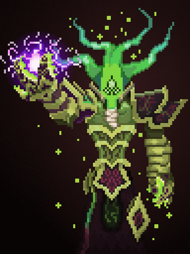 Анимированный пиксель-арт Варина (Varyn) в тёмных одеждах со светящимися фиолетовыми глазами, зацикленная анимация покоя