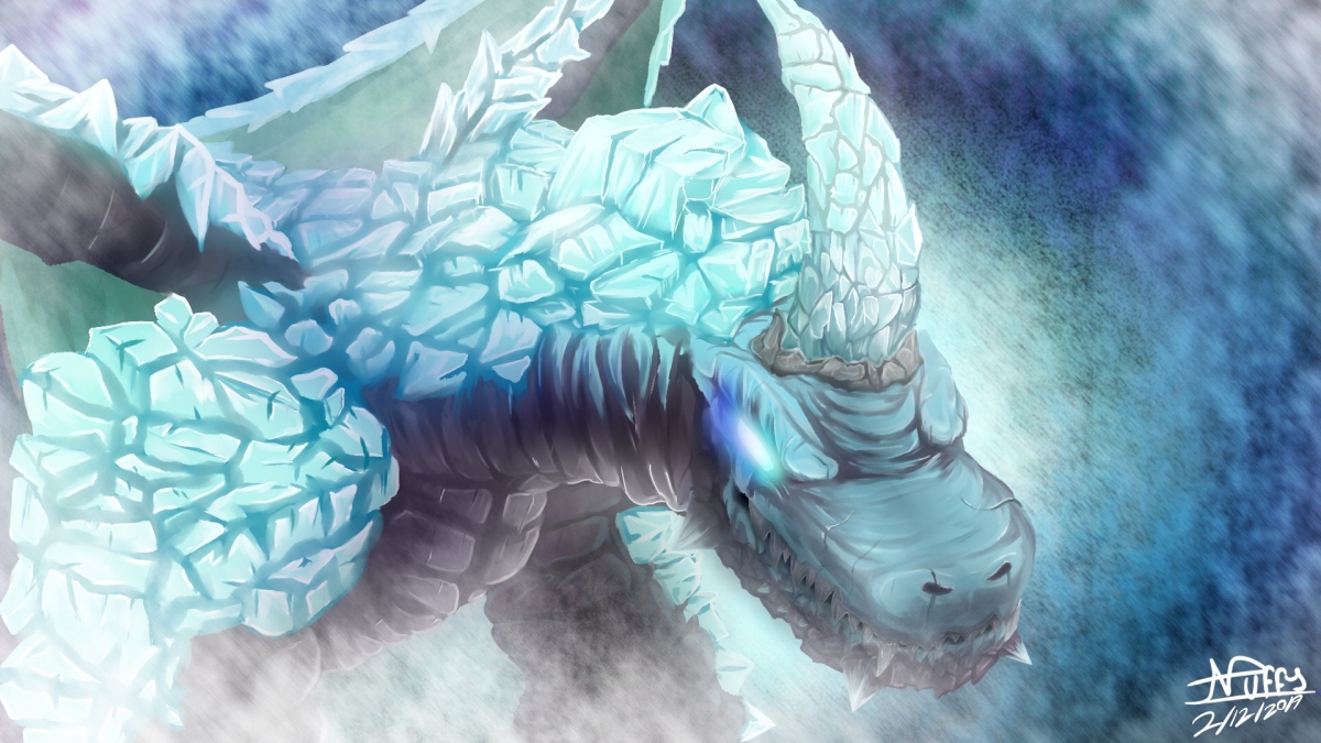 Драматичная иллюстрация сурового ледяного дракона (Ice Dragon) с покрытой шрамами чешуёй и внушительным силуэтом