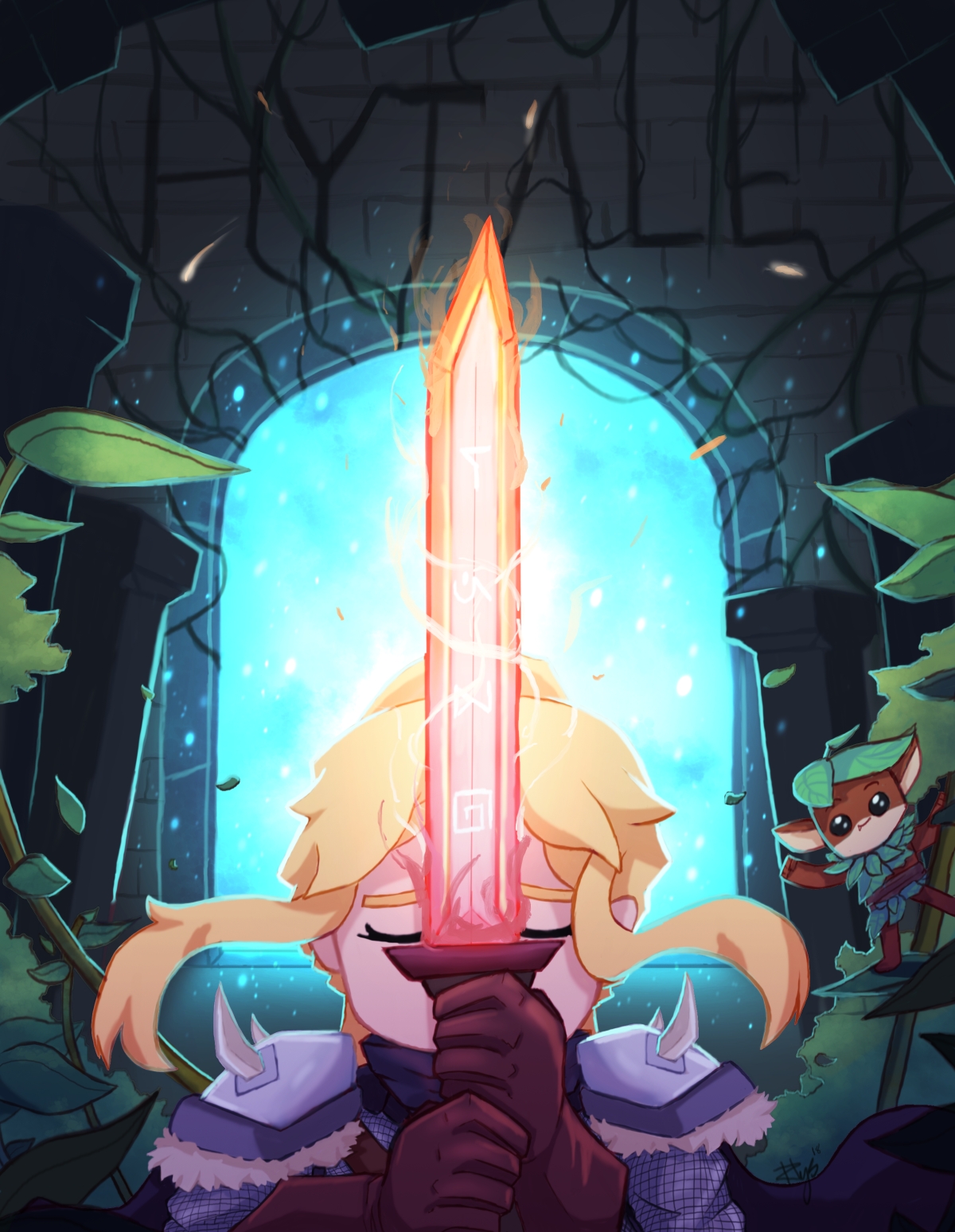 Цифровая картина воина с пылающим мечом перед светящимся порталом в тёмном лесу, с квибеком (Kweebec), фотобомбящим в углу