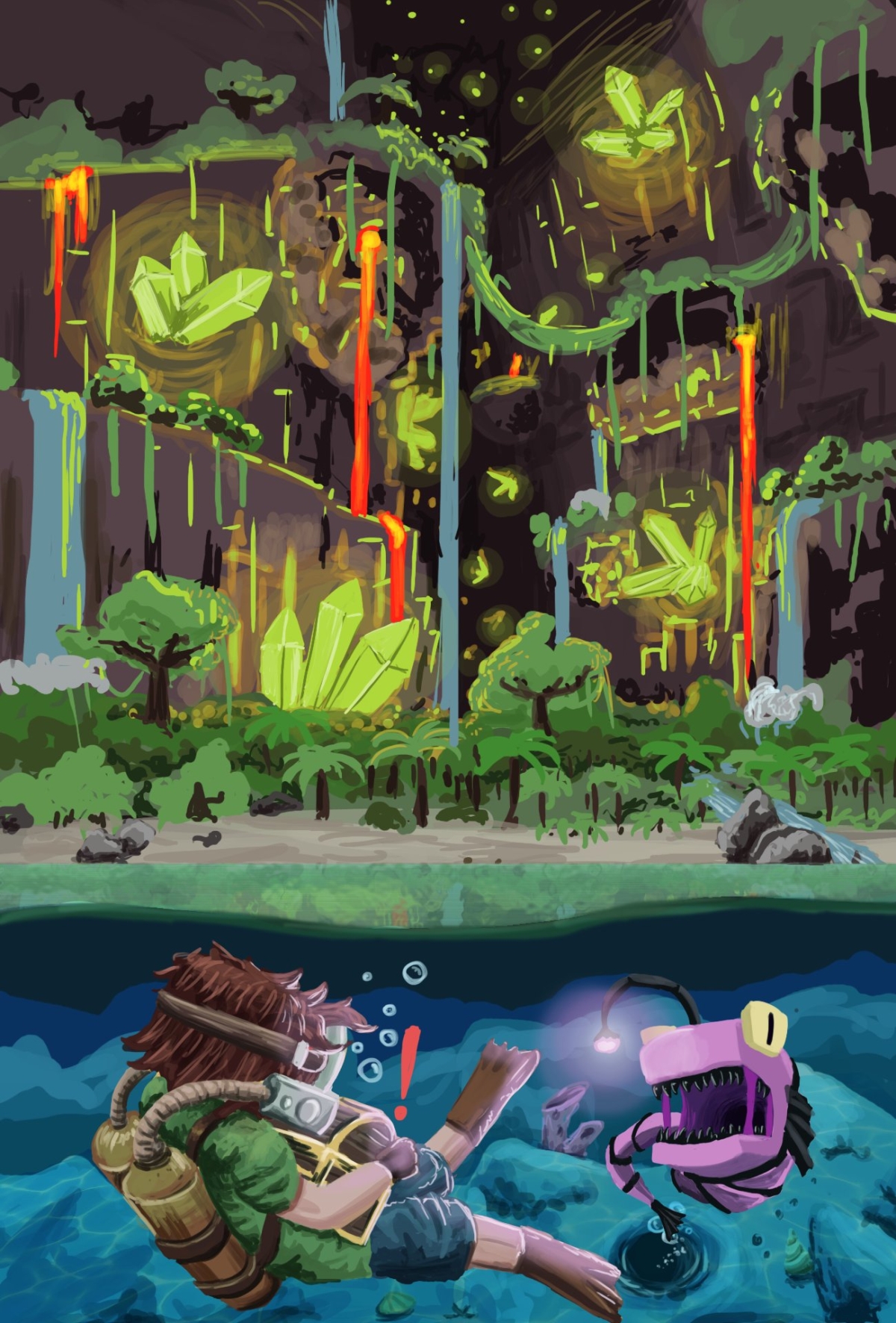 Подземная пещера с биолюминесцентными голубыми озёрами и светящейся флорой, крошечная фигурка исследователя внизу