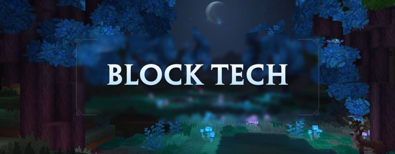 Заголовок статьи о блочных технологиях Hytale: мистический синий лес ночью со светящимися растениями под полумесяцем