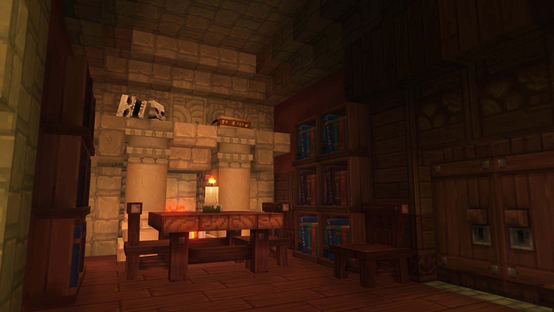 Интерьер Зоны 1 с камином из колонн и ступеней, стенами из камня и кварцита, мебелью