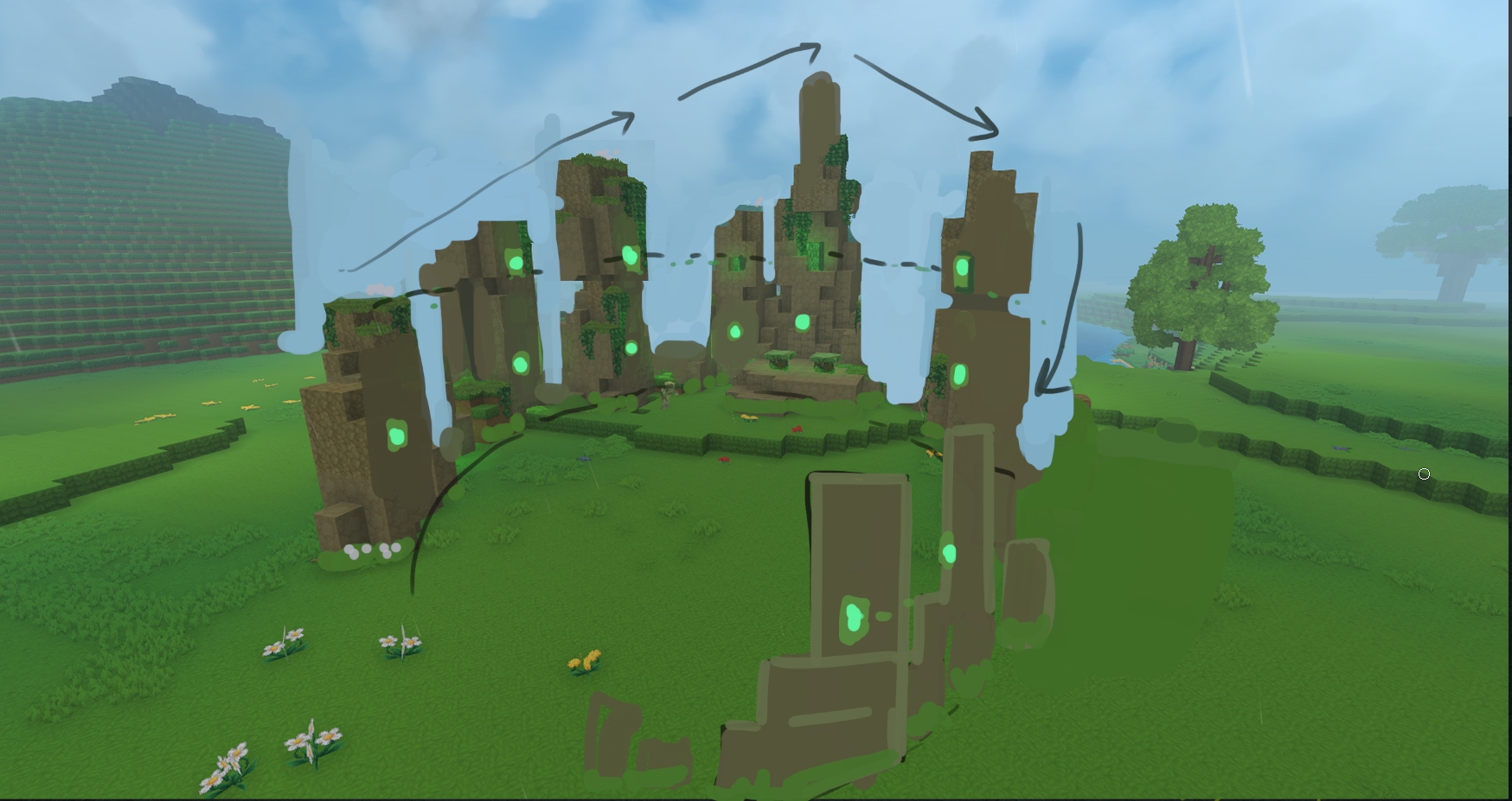 Пейнтовер скриншота круга земли с аннотациями художника, показывающими улучшения многослойной композиции