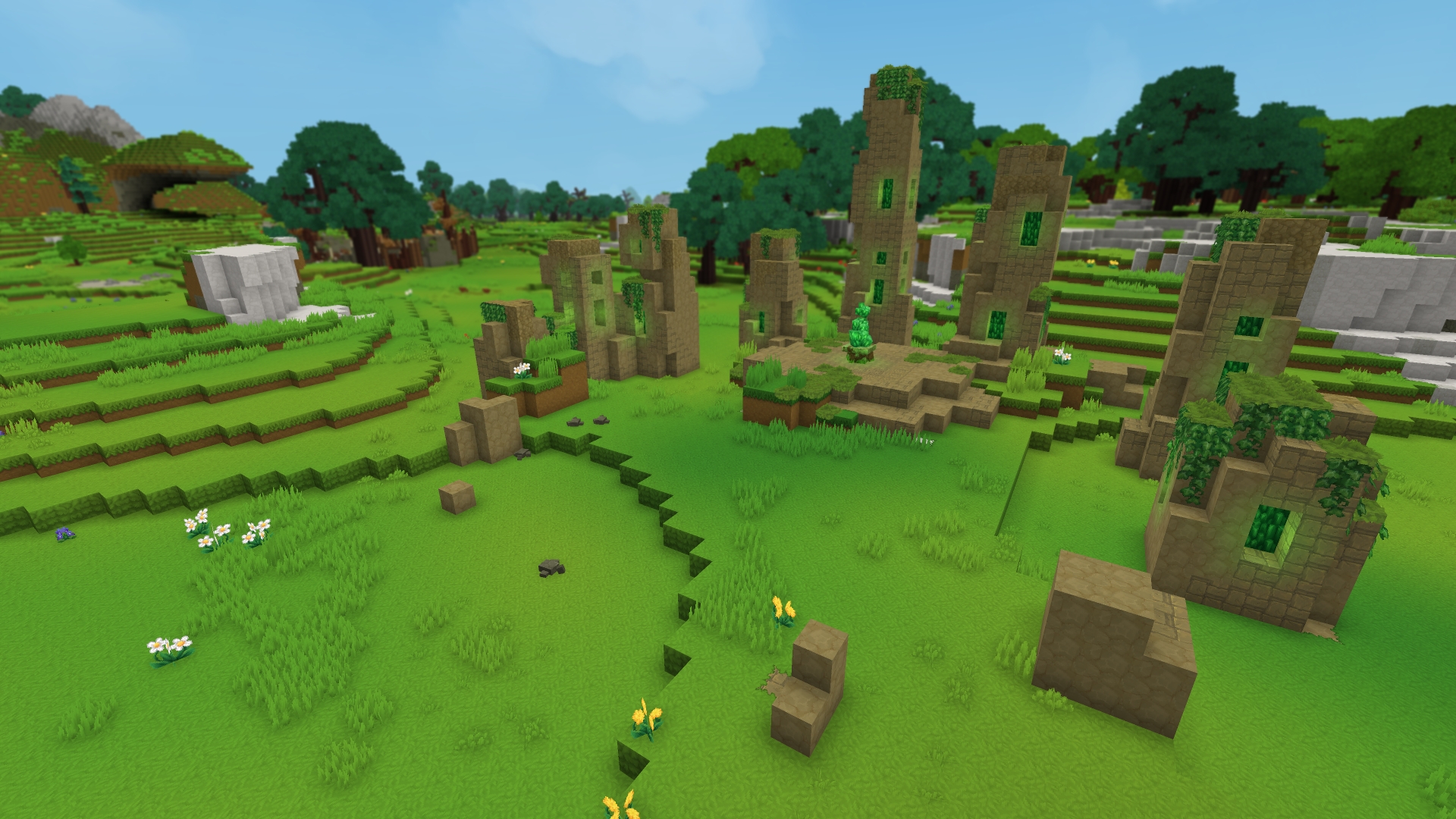 Готовый префаб каменного круга земли в Зоне 1 (Zone 1) с замшелыми камнями, центральной платформой и лесным фоном