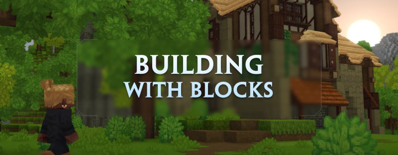 Заглавное изображение статьи о строительных блоках в Hytale с различными материалами и архитектурными элементами