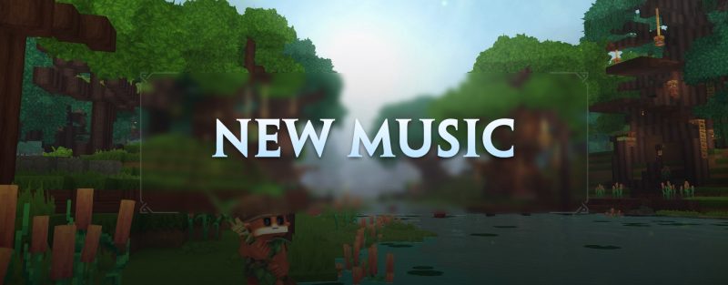 Заставка музыкального саундтрека Hytale с нотами и изображениями игрового мира