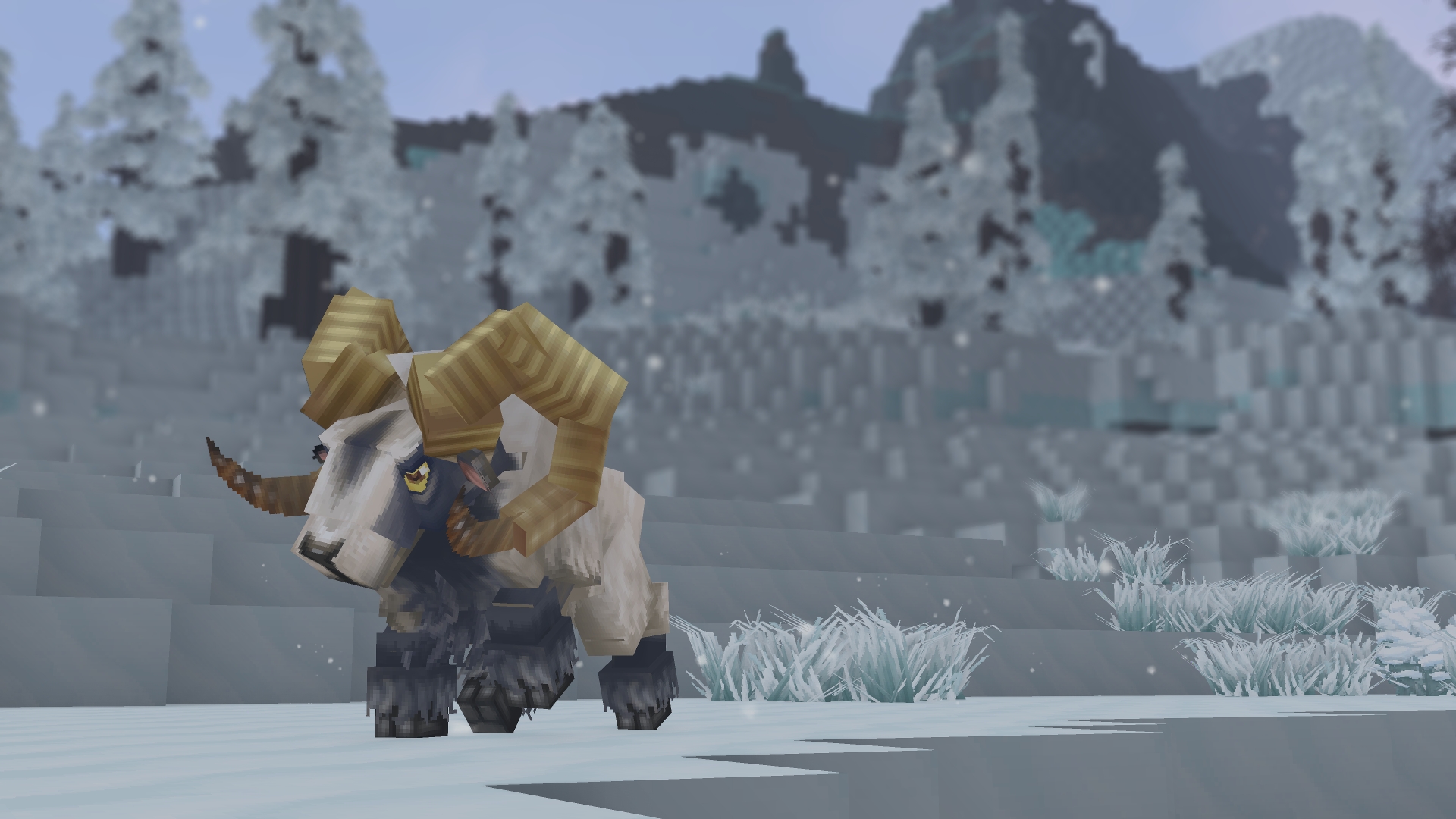 Горный баран с изогнутыми рогами на заснеженных скалах в высокогорье Зоны 3 (Zone 3)