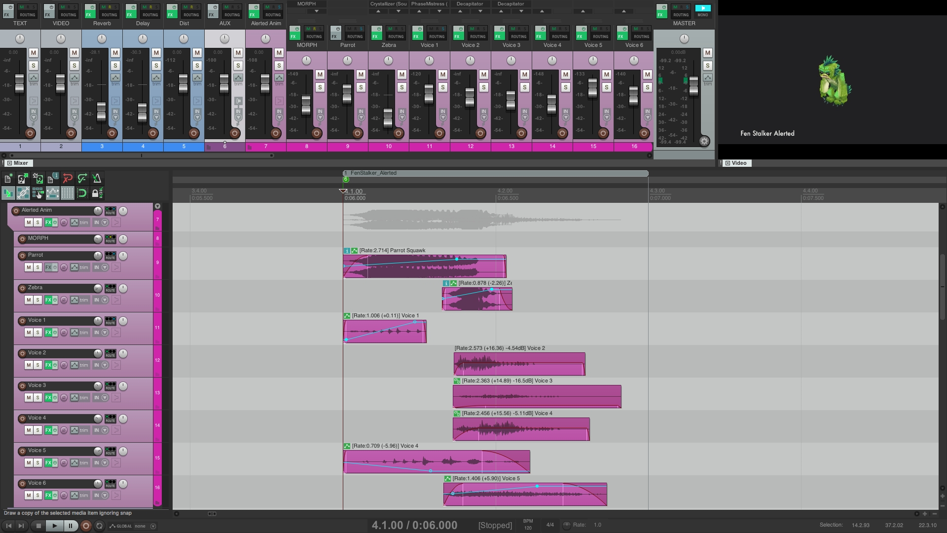 Скриншот аудиоредактора с восемью слоями звуковых дорожек для звука тревоги Болотного Охотника (Fen Stalker)