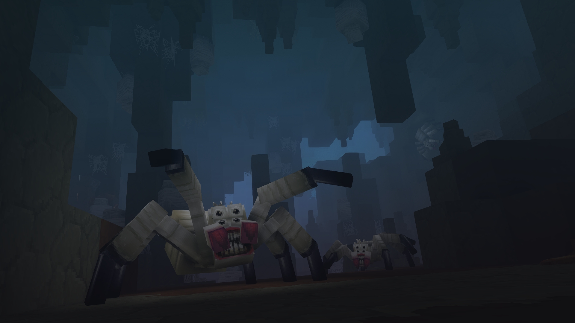 Огромный паук со светящимися глазами в подземной пещере, затянутой паутиной