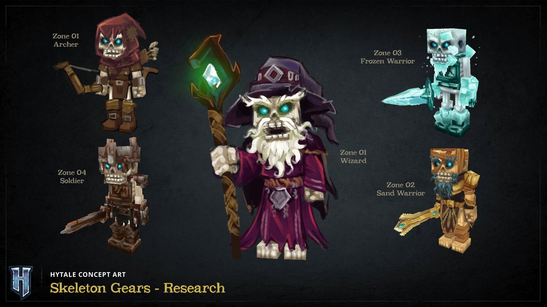 Концепт-арт с различными вариантами скелетов: лучники, маги и воины