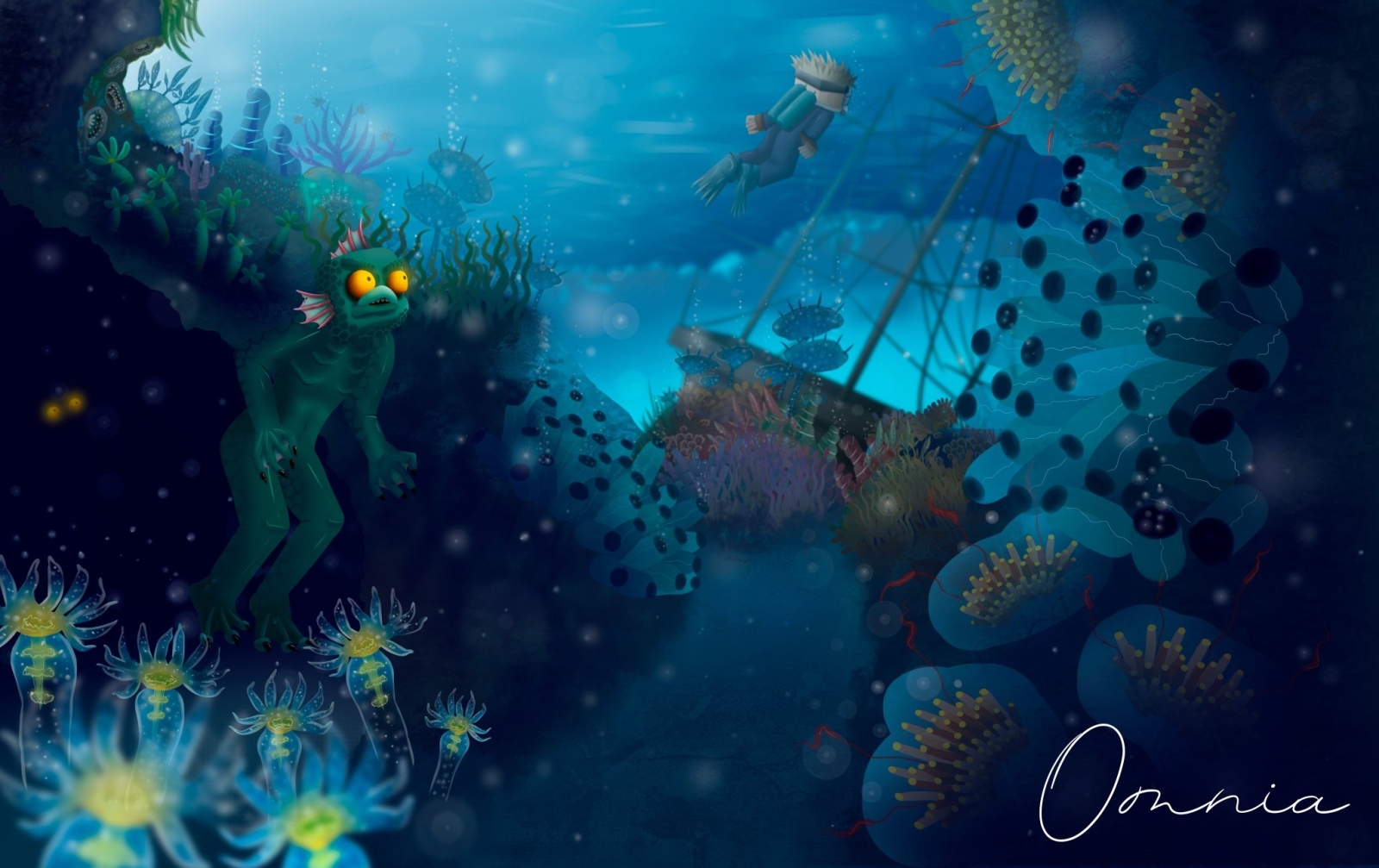 Атмосферная подводная сцена с морским чудовищем и исследователем от Omnia