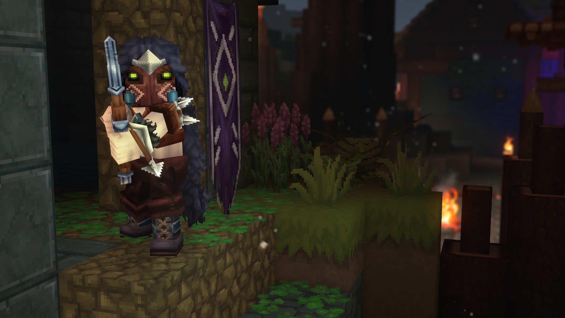 Следопыт Изгнанников (Outlander Ranger) с луком, притаившийся в заснеженной глуши в лёгкой броне и деревянной маске