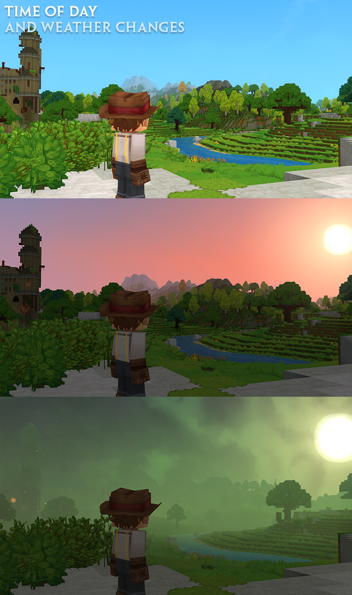 Сетка из четырёх скриншотов одного ландшафта в разное время суток и при разных погодных условиях