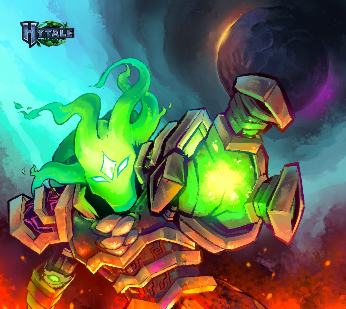 Мрачное зловещее изображение нисходящего Варина с инопланетной планетой позади и огнём у ног