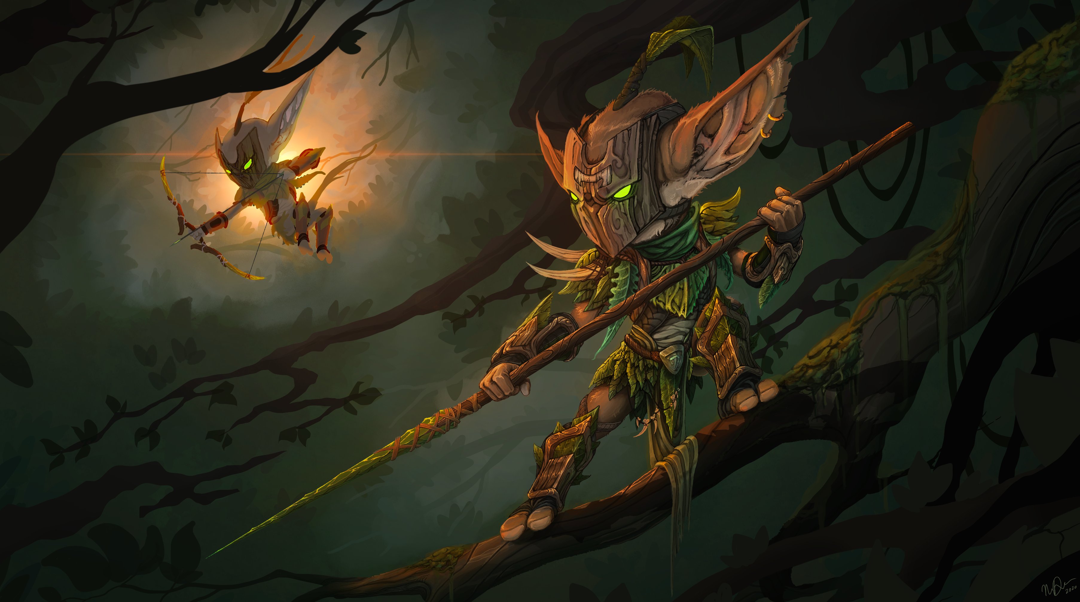 Детализированная иллюстрация Рейнджера Острого Листа в лиственной броне с луком на фоне леса