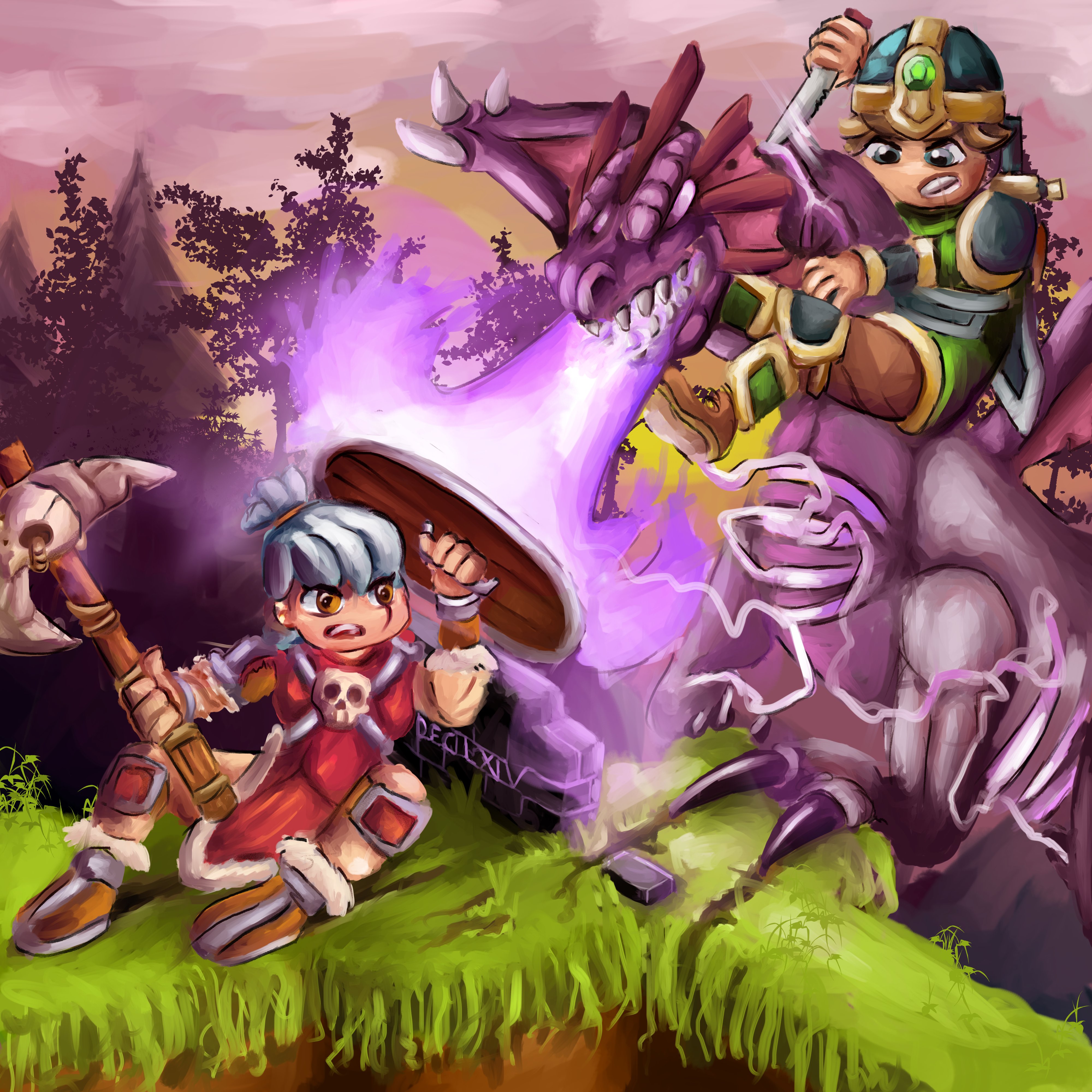 Драматичная цифровая картина: два искателя приключений сражаются с Драконом Пустоты в окружении красочных энергетических эффектов