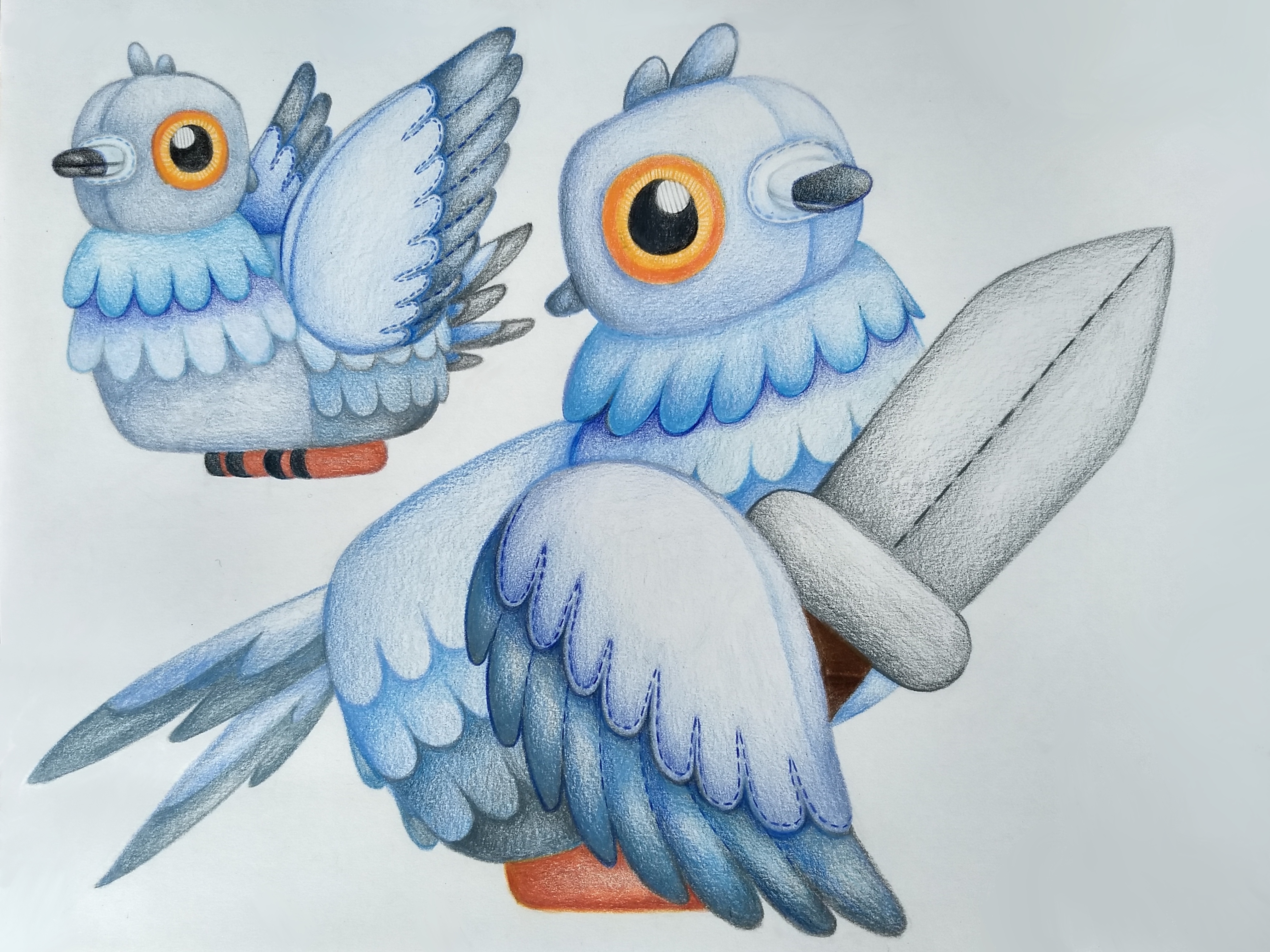 Очаровательный дизайн плюшевой игрушки голубя-снайпера с ножом в милом мультяшном стиле