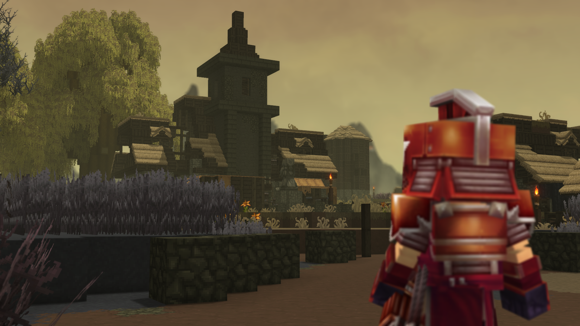 Заброшенные выжженные руины деревни с ещё горящими факелами и пепельной атмосферой